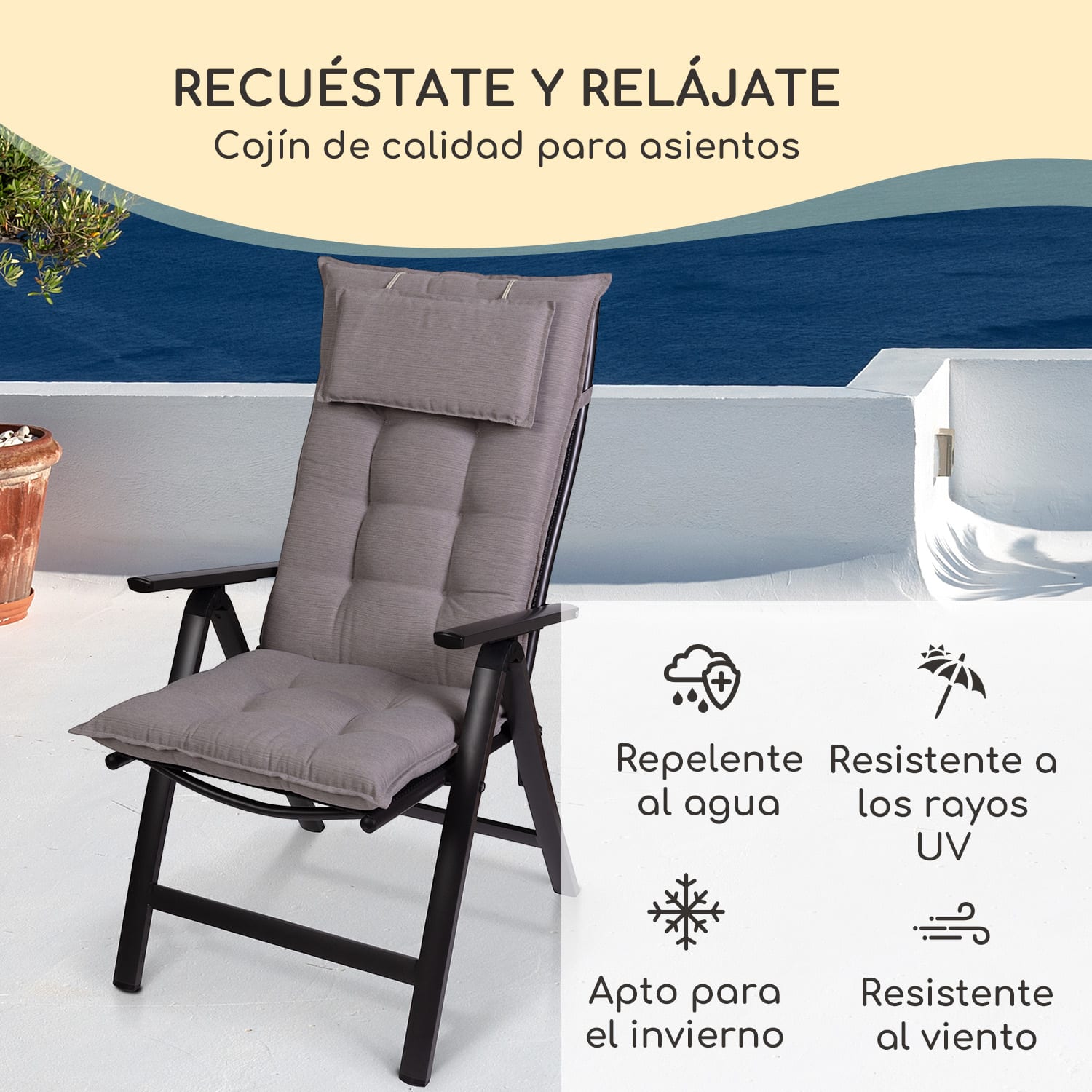 Sylt Cojín acolchado Cojín de exterior para sillas con respaldo alto Almohada Poliéster 50x120x9cm 4 x cojín del asiento | Gris Medio
