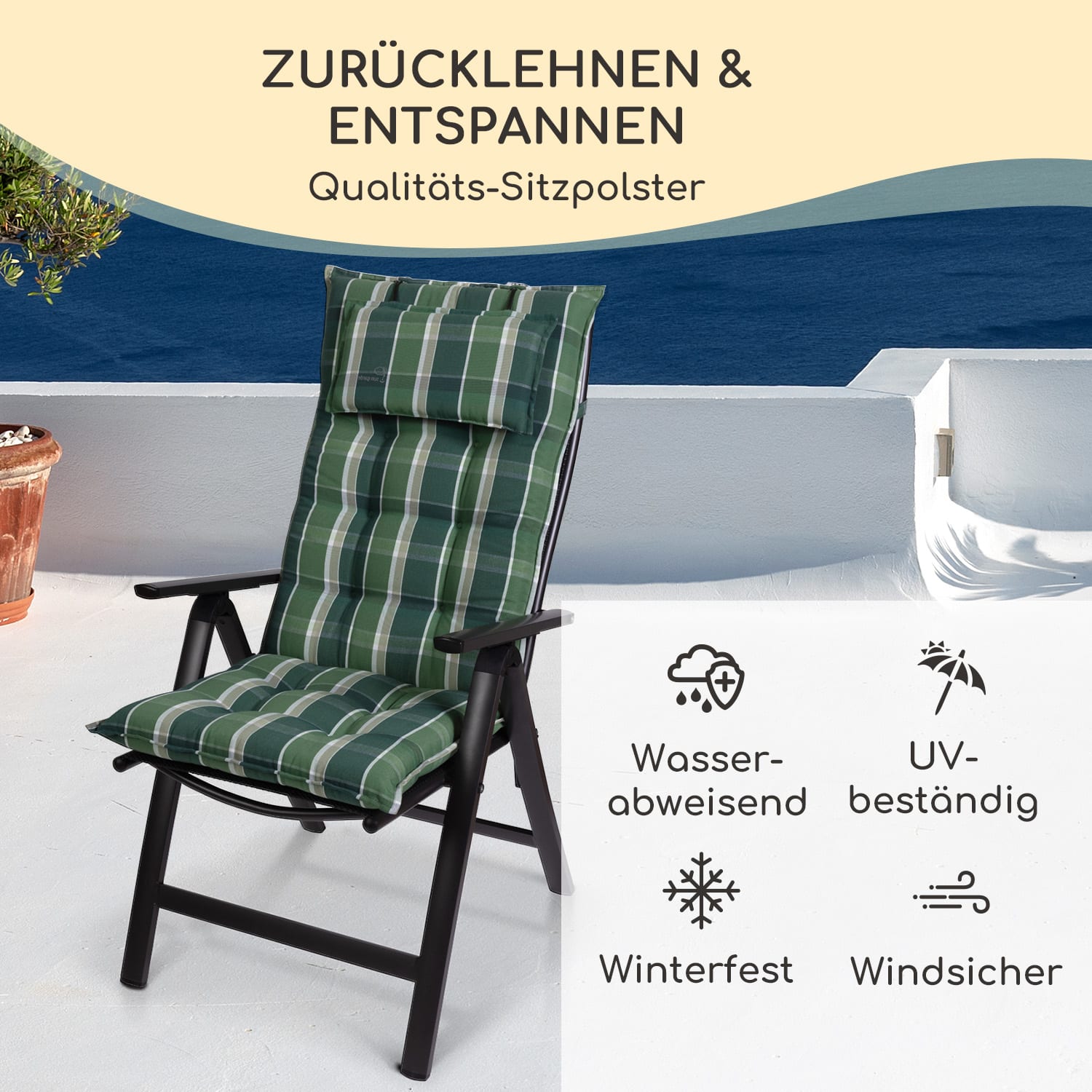 Sylt Polsterauflage Sesselauflage Kopfkissen Polyester 50x120x9cm 4 x Sitzauflage | Grün / Grau