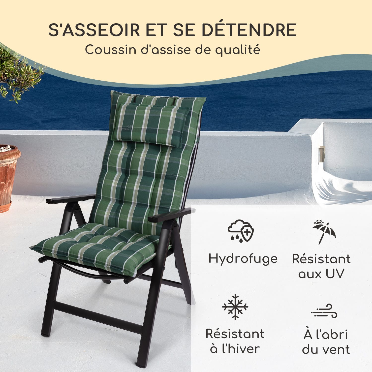 Sylt coussin de fauteuil appuie-tête pour dossier haut Polyester 50x120x9cm 4 x coussin de siege | Vert / gris