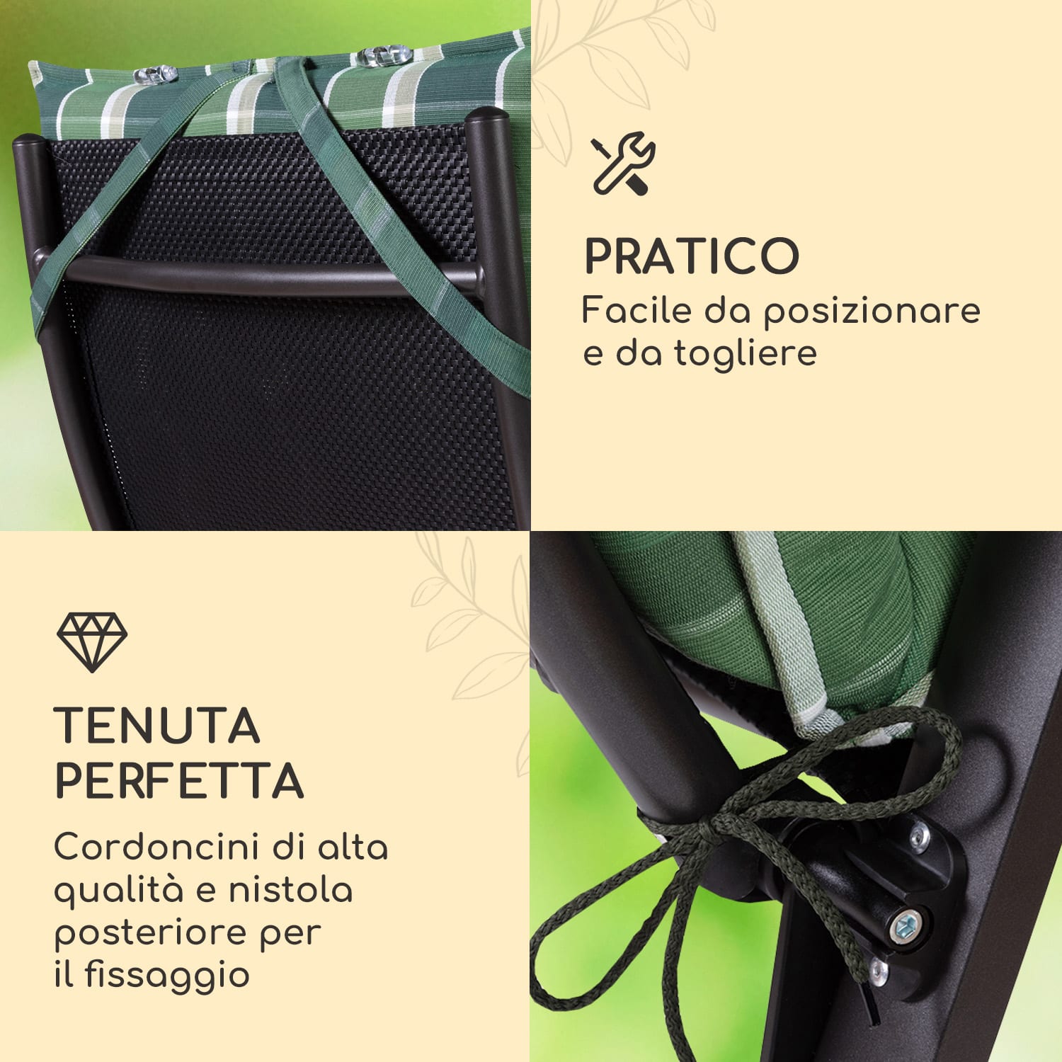 Sylt, Imbottitura, Schienale Alto, Sedia da Giardino, Poggiatesta, Poliestere, 50x120x9cm 4 x cuscino di seduta | Verde / grigio