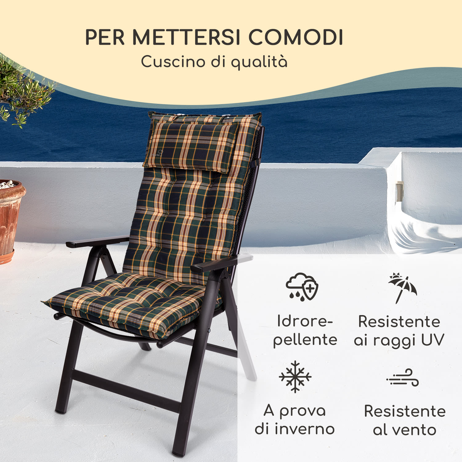 Sylt, Imbottitura, Schienale Alto, Sedia da Giardino, Poggiatesta, Poliestere, 50x120x9cm 4 x cuscino di seduta | Verde / giallo