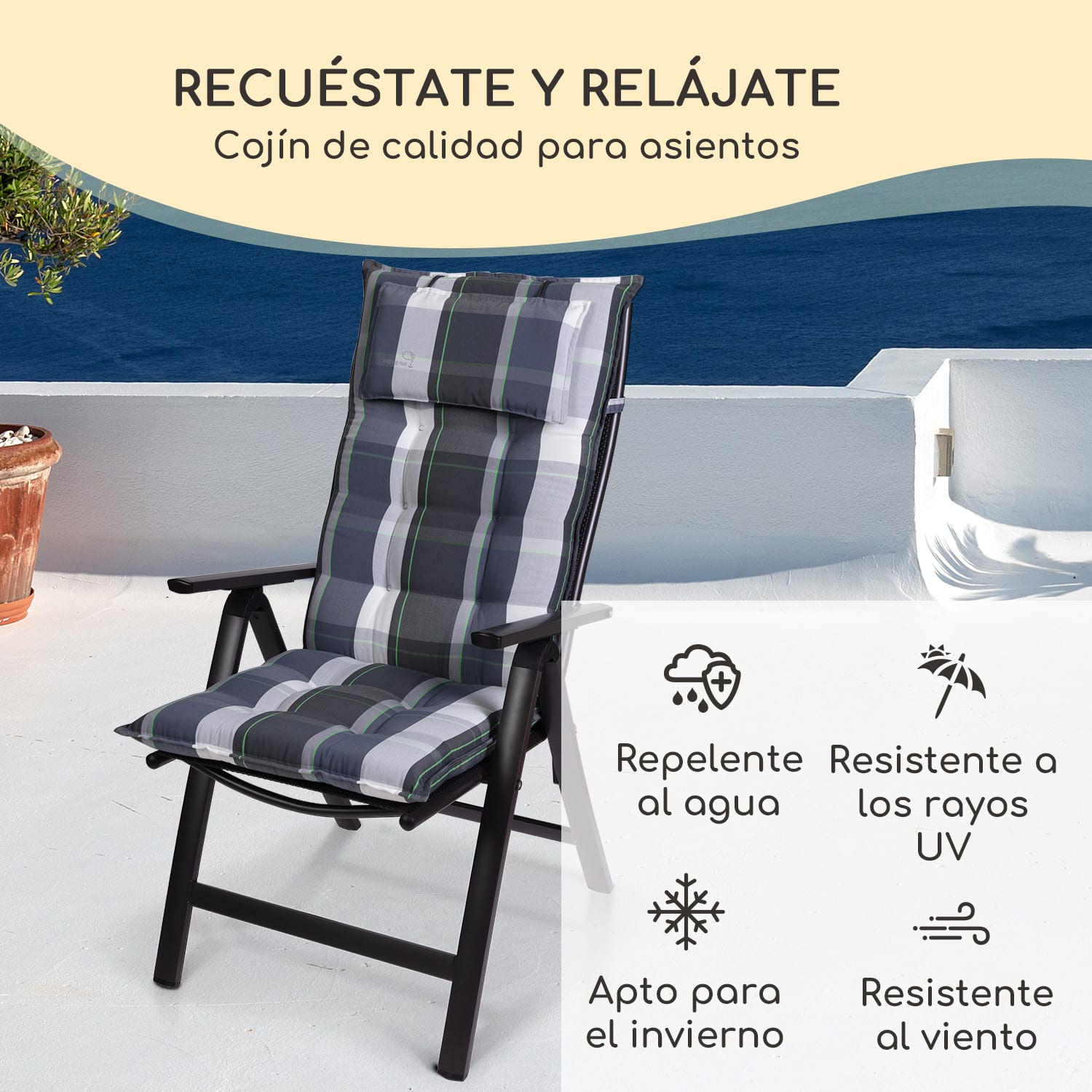 Sylt Cojín acolchado Cojín de exterior para sillas con respaldo alto Almohada Poliéster 50x120x9cm 2 x cojín del asiento | Azul a cuadros