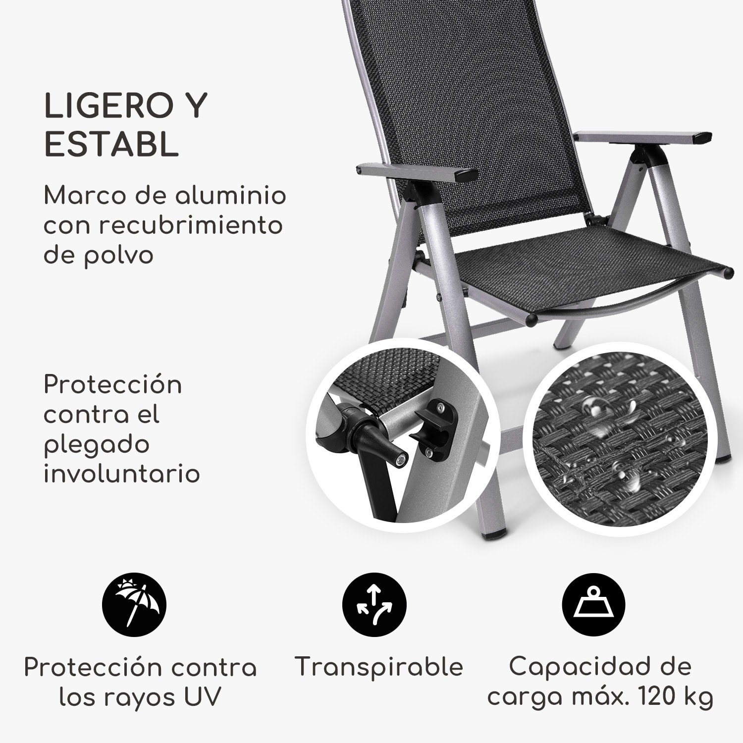 London Juego de 2 sillas de jardín Textilene Aluminio 6 posiciones Plegable 2 x Silla | Plata Metálica