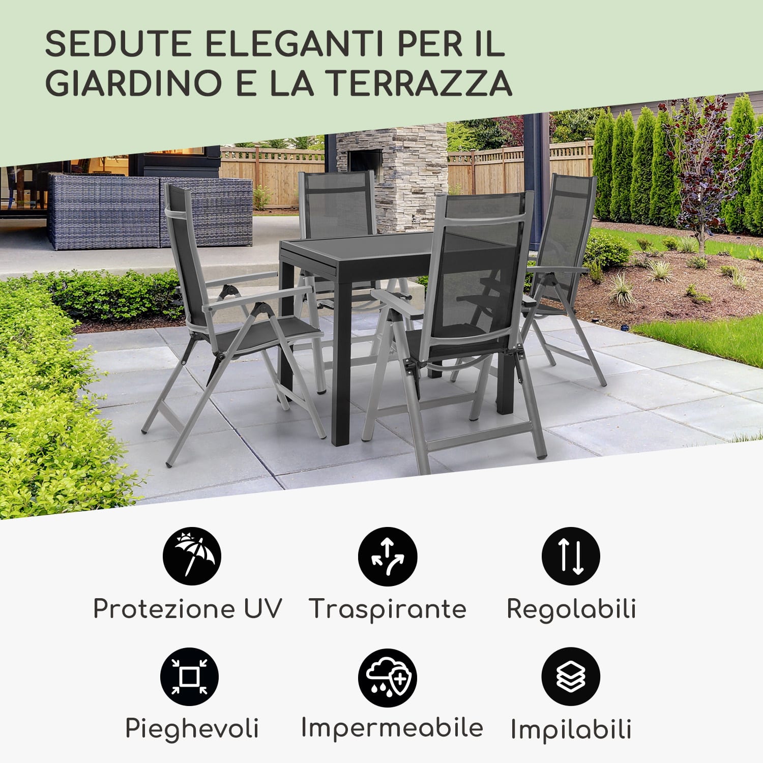 London, Sedia da Giardino, Set 2 Pz., Textilene, Alluminio, 6 Posizioni, Pieghevole 2 x Sedia | Argento metallizzato