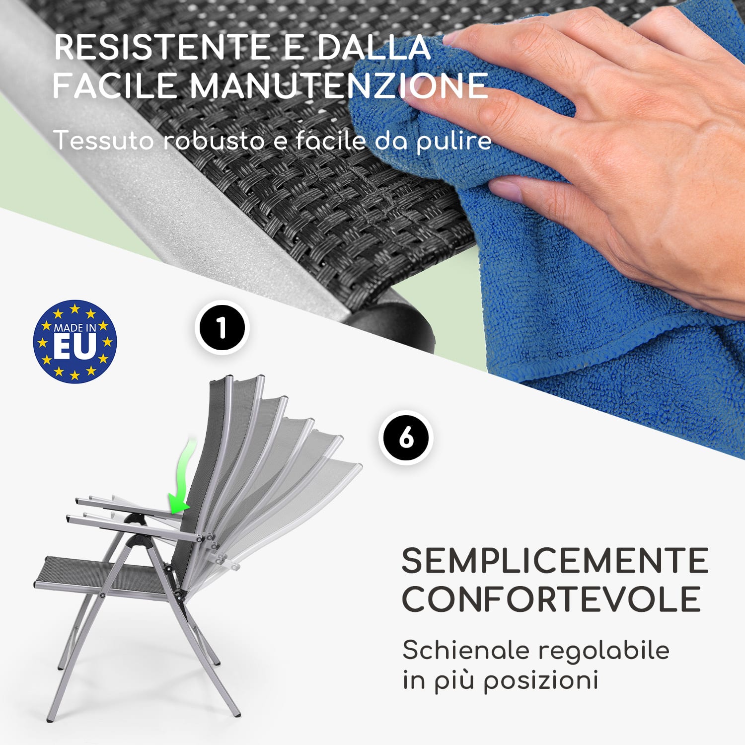 London, Sedia da Giardino, Set 2 Pz., Textilene, Alluminio, 6 Posizioni, Pieghevole 2 x Sedia | Argento metallizzato