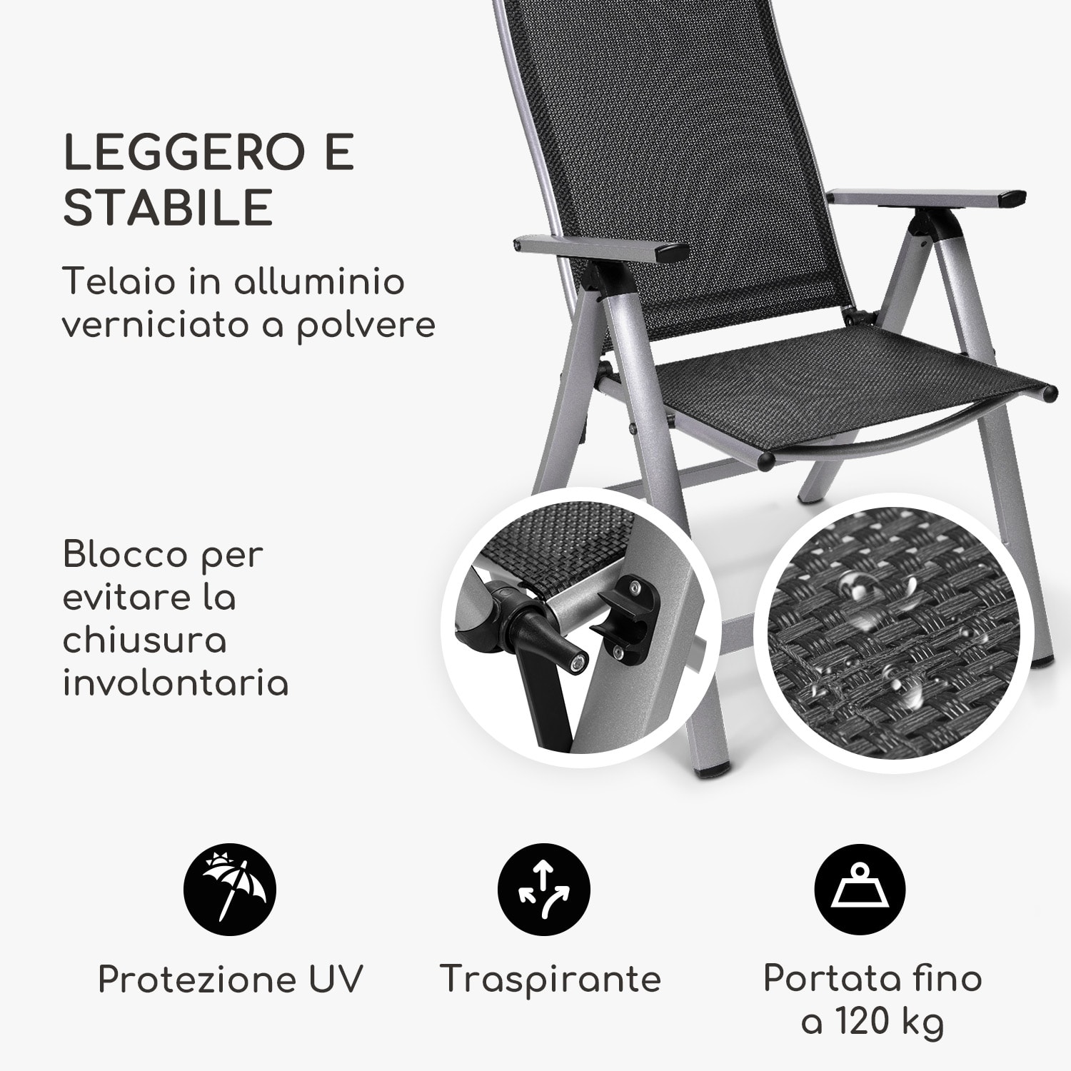 London, Sedia da Giardino, Set 2 Pz., Textilene, Alluminio, 6 Posizioni, Pieghevole 2 x Sedia | Argento metallizzato
