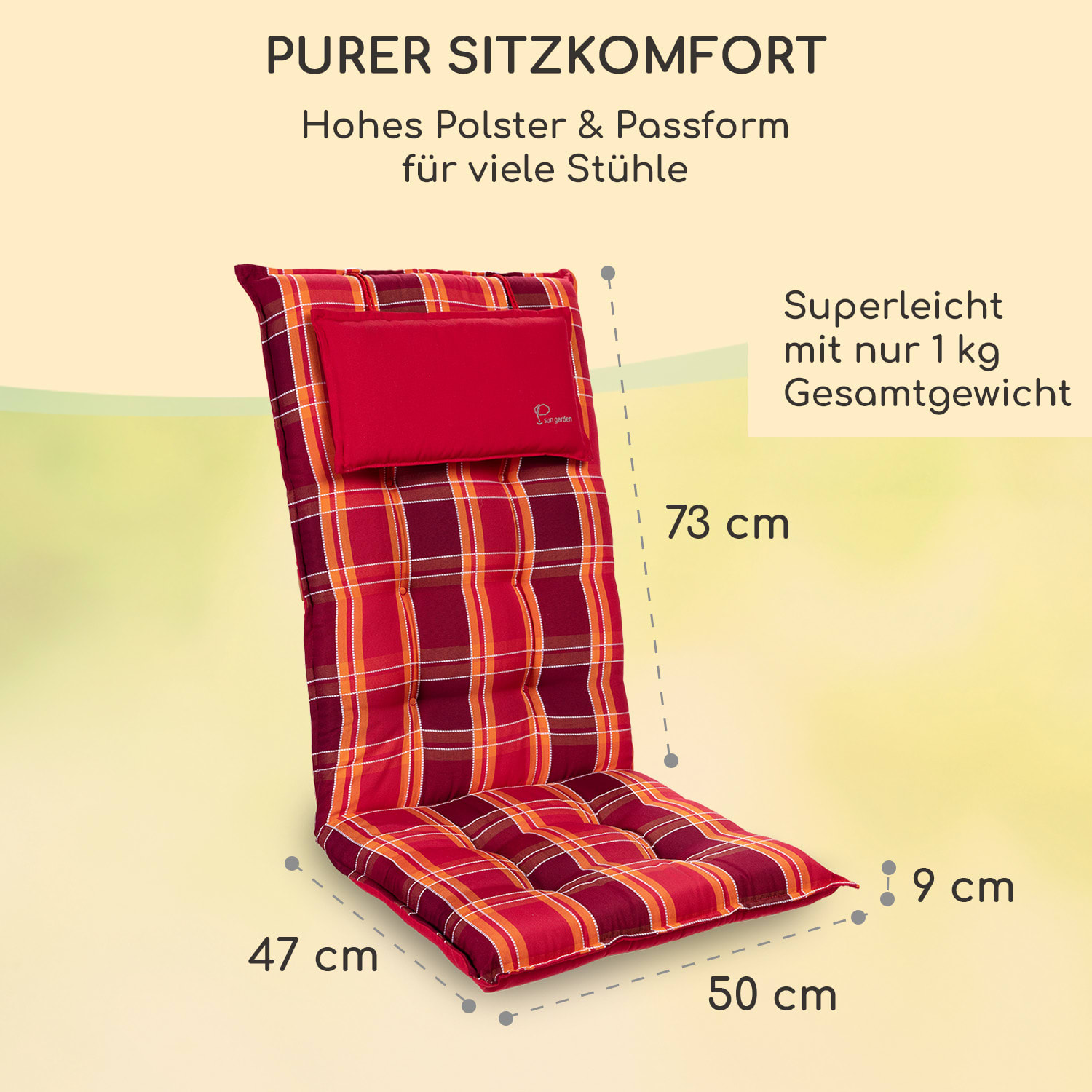 Sylt coussin de fauteuil appuie-tête pour dossier haut Polyester 50x120x9cm 4 x coussin de siege | Rouge à carreaux