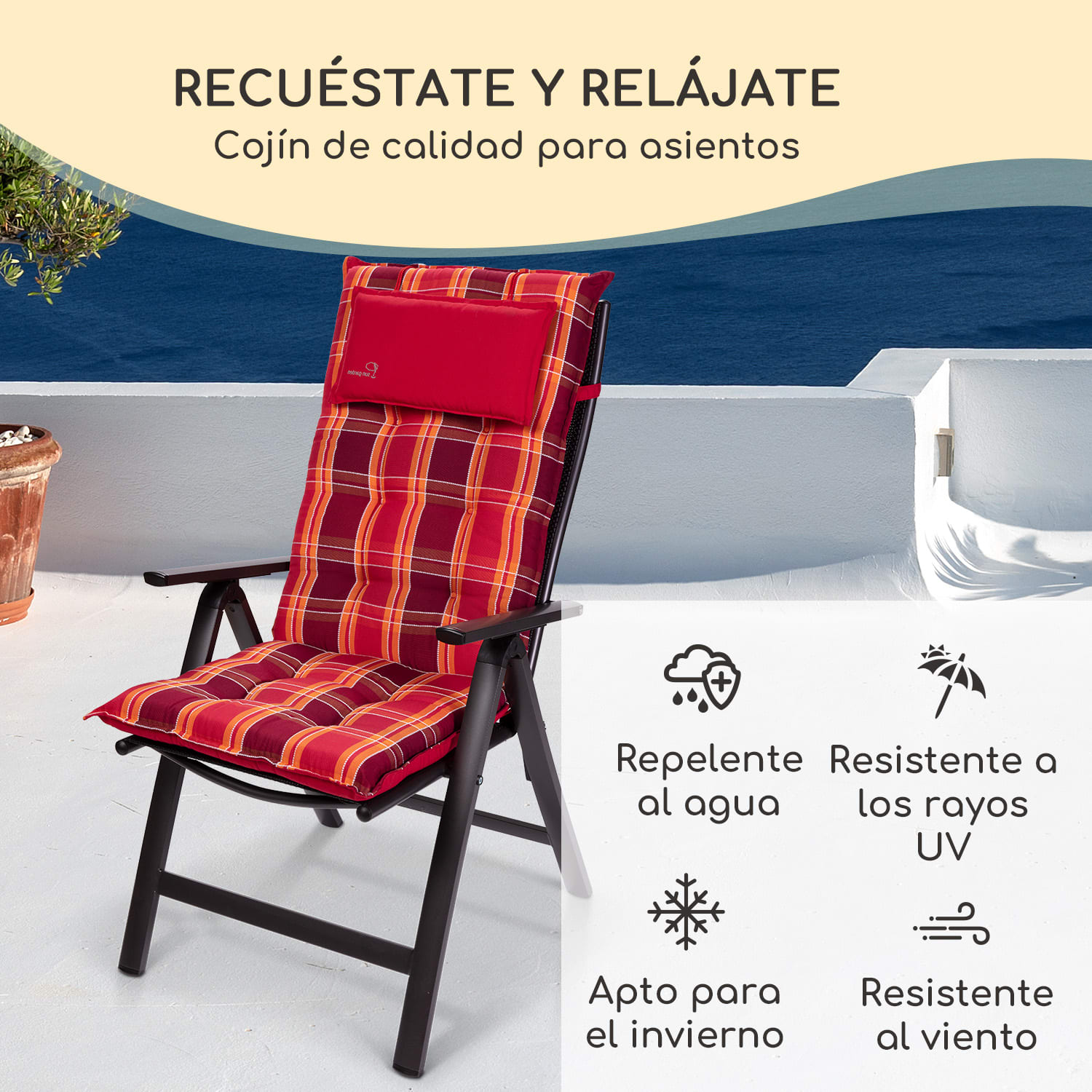 Sylt Cojín acolchado Cojín de exterior para sillas con respaldo alto Almohada Poliéster 50x120x9cm 4 x cojín del asiento | A cuadros rojos