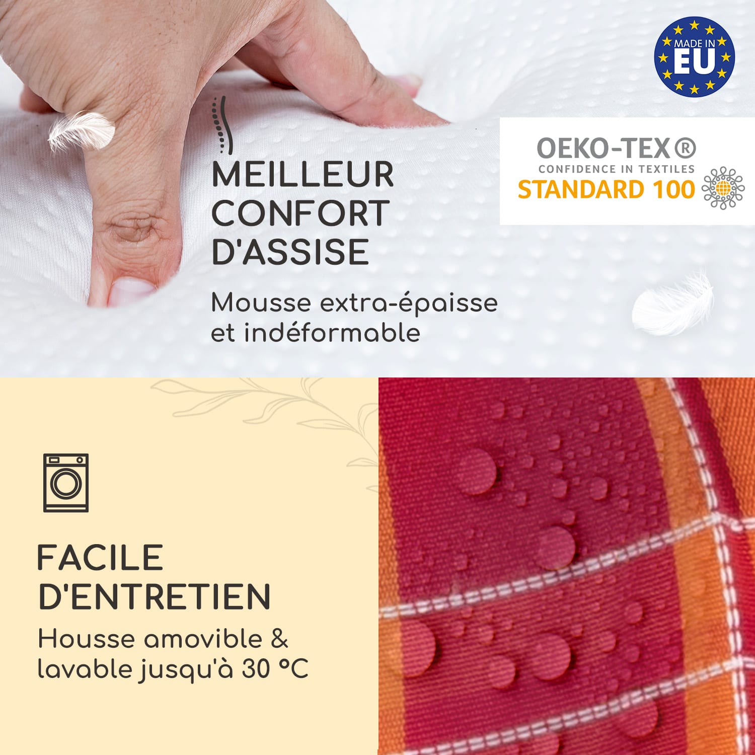 Sylt coussin de fauteuil appuie-tête pour dossier haut Polyester 50x120x9cm 4 x coussin de siege | Rouge à carreaux