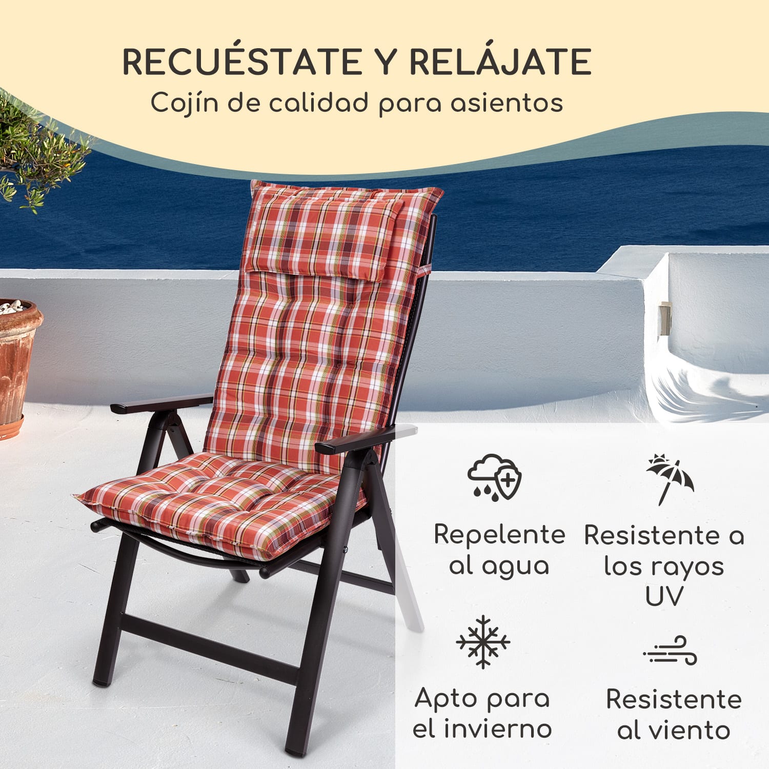 Sylt Cojín acolchado Cojín de exterior para sillas con respaldo alto Almohada Poliéster 50x120x9cm 1 x cojín del asiento | rojo / blanco