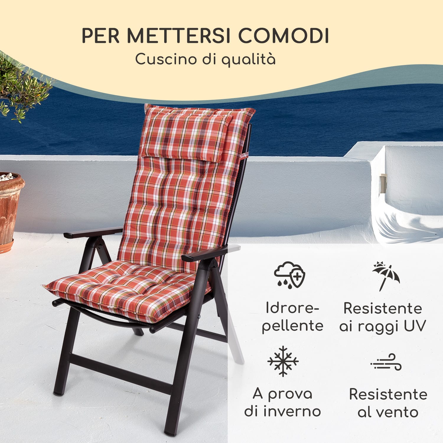 Sylt, Imbottitura, Schienale Alto, Sedia da Giardino, Poggiatesta, Poliestere, 50x120x9cm 1 x cuscino di seduta | rosso / bianco