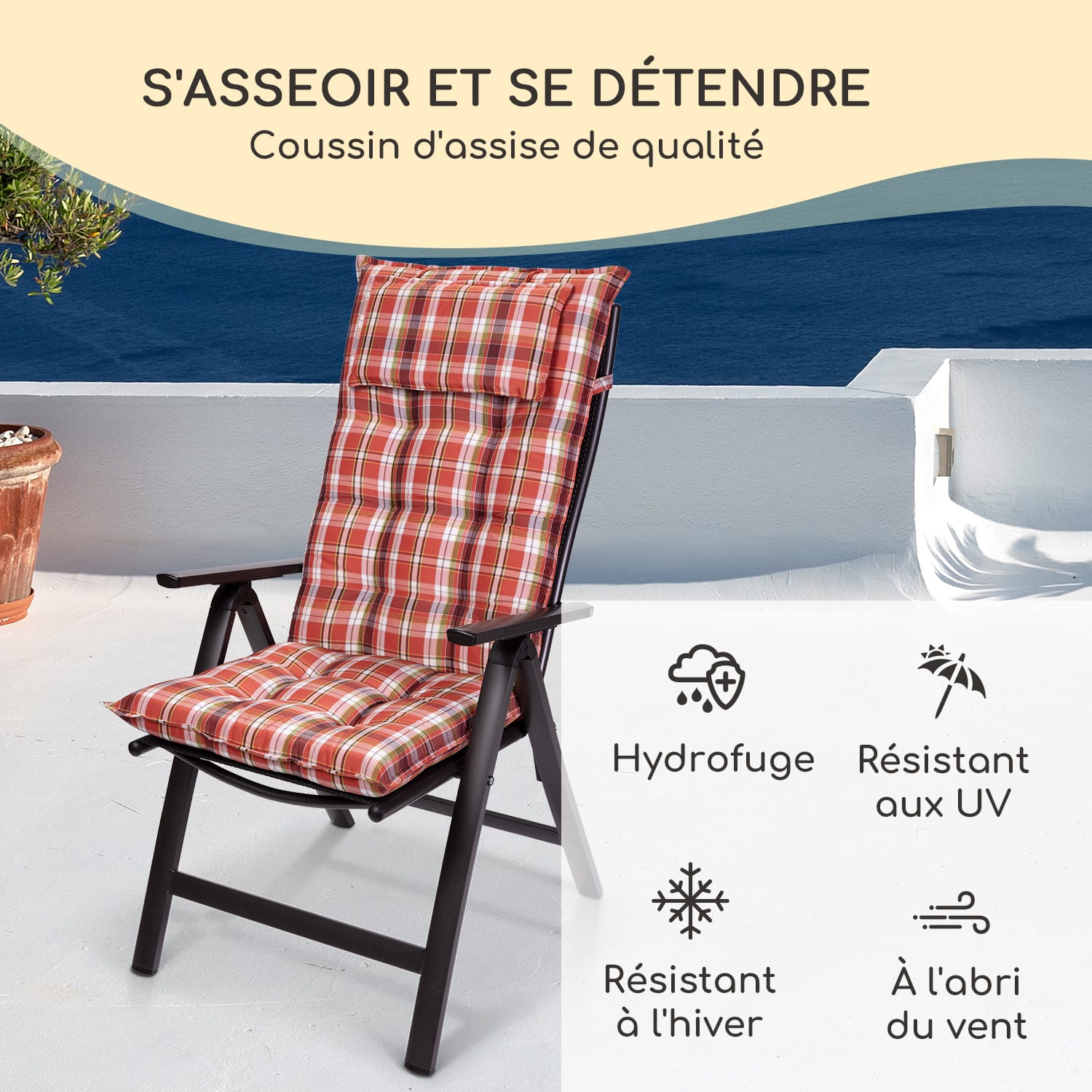 Sylt coussin de fauteuil appuie-tête pour dossier haut Polyester 50x120x9cm 2 x coussin de siege | rouge / blanc