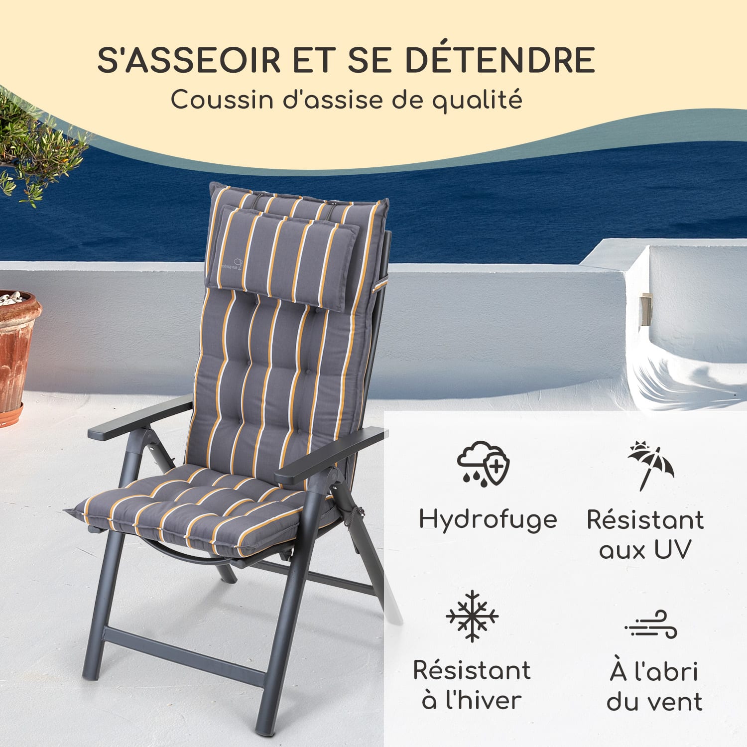 Sylt coussin de fauteuil appuie-tête pour dossier haut Polyester 50x120x9cm 1 x coussin de siege | jaune gris