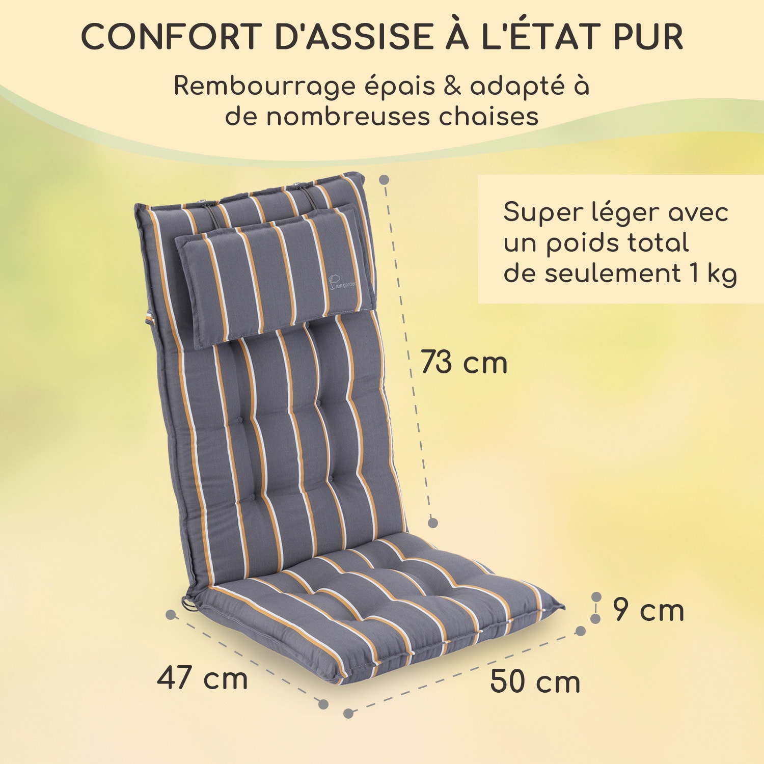 Sylt coussin de fauteuil appuie-tête pour dossier haut Polyester 50x120x9cm 1 x coussin de siege | jaune gris