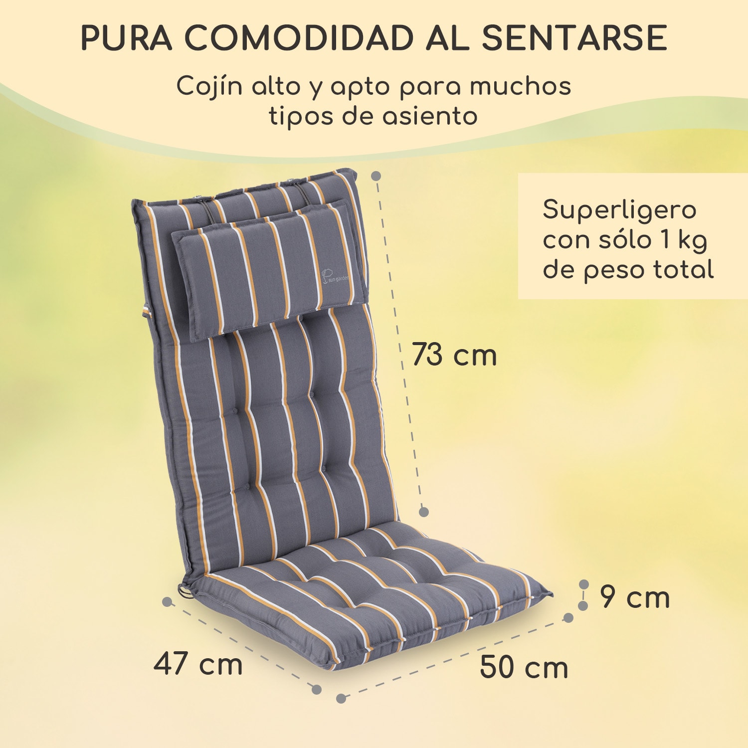 Sylt Cojín acolchado Cojín de exterior para sillas con respaldo alto Almohada Poliéster 50x120x9cm 2 x cojín del asiento | amarillo / gris