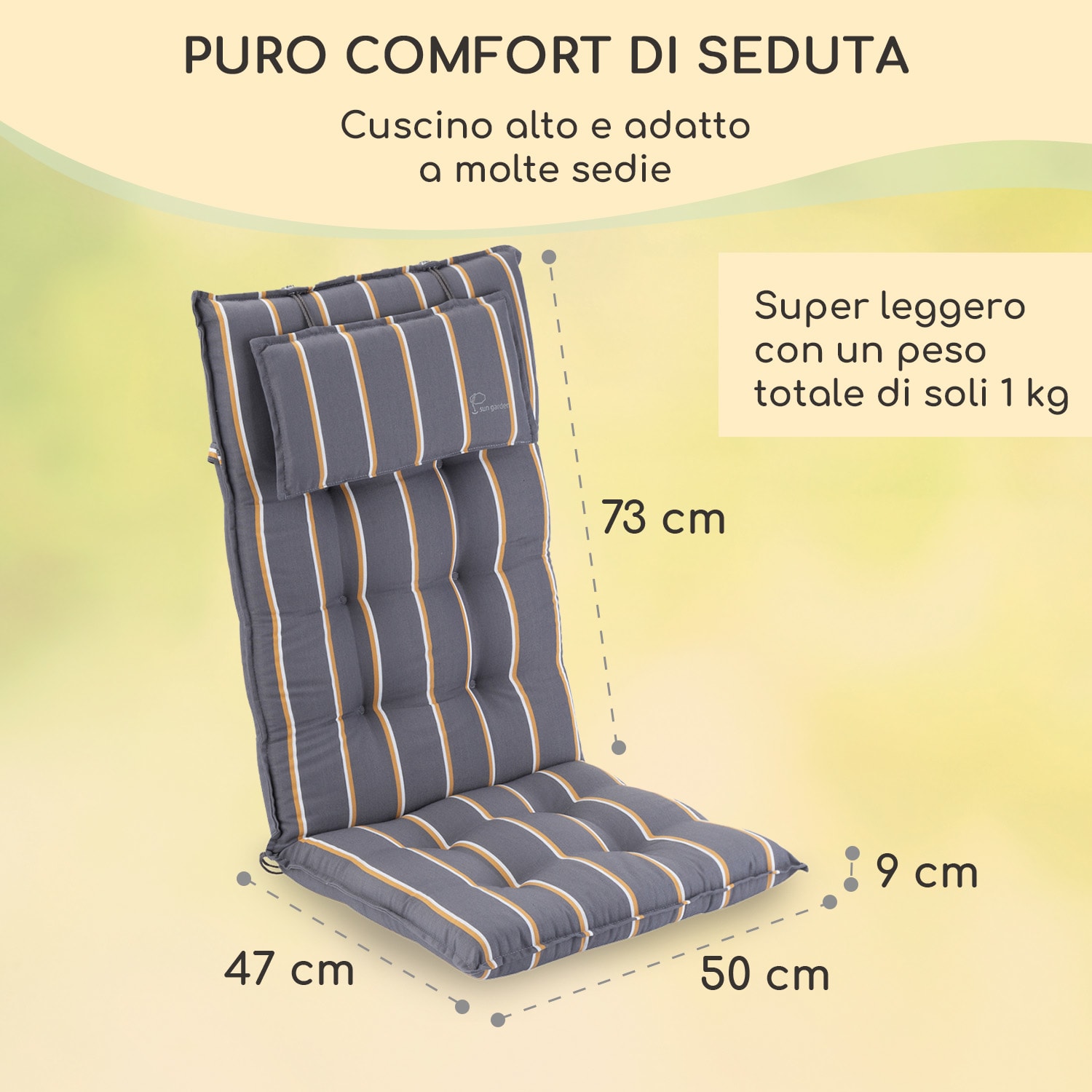 Sylt, Imbottitura, Schienale Alto, Sedia da Giardino, Poggiatesta, Poliestere, 50x120x9cm 2 x cuscino di seduta | grigio / giallo