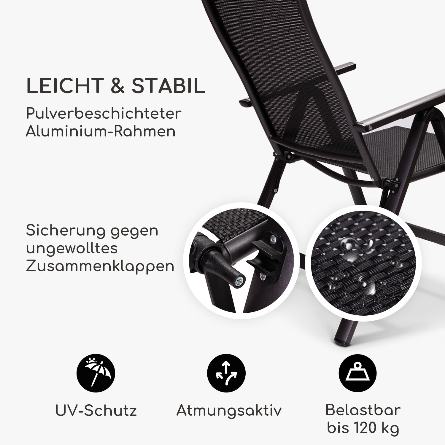 London Gartenstuhl Textilene Aluminium 6-Positionen klappbar 1 x Stuhl | Schwarz