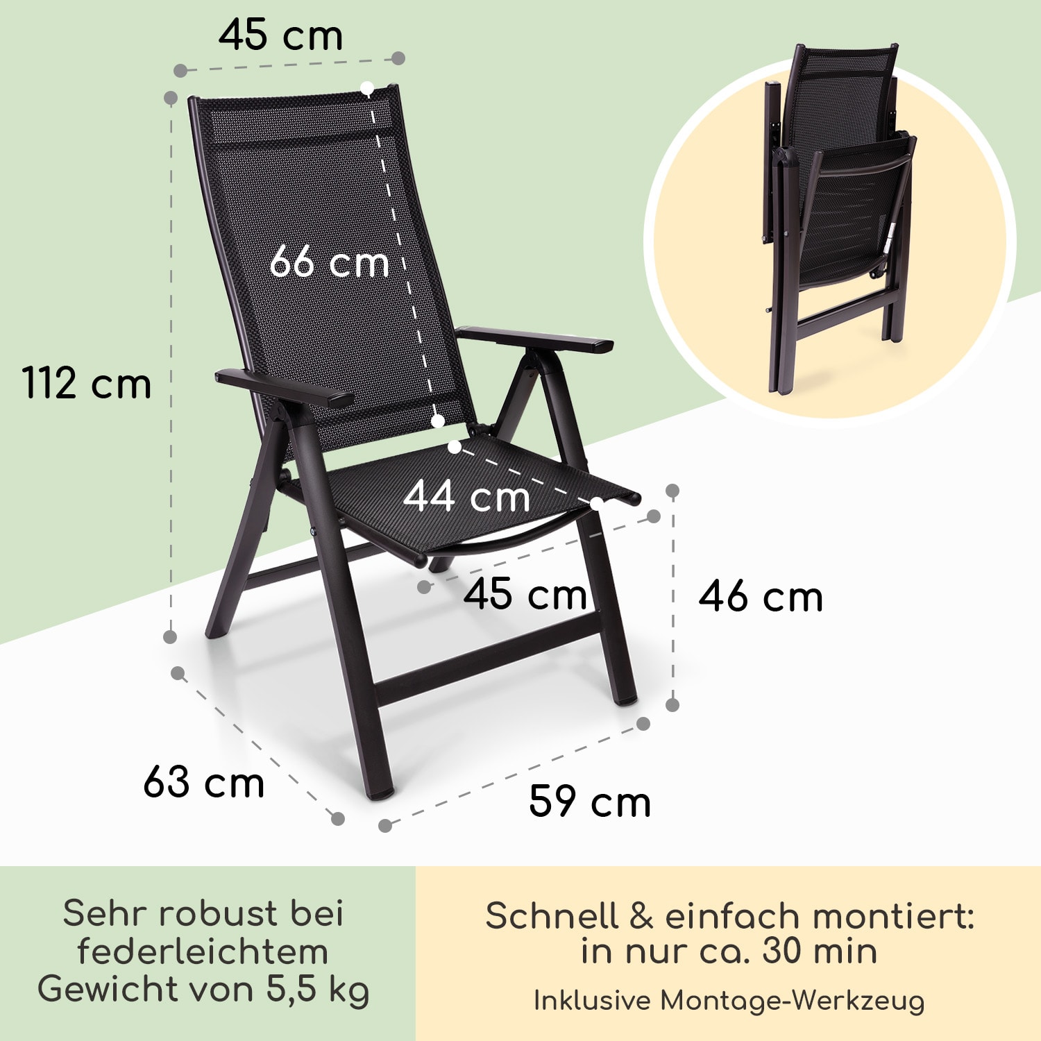 London Gartenstuhl Textilene Aluminium 6-Positionen klappbar 1 x Stuhl | Schwarz