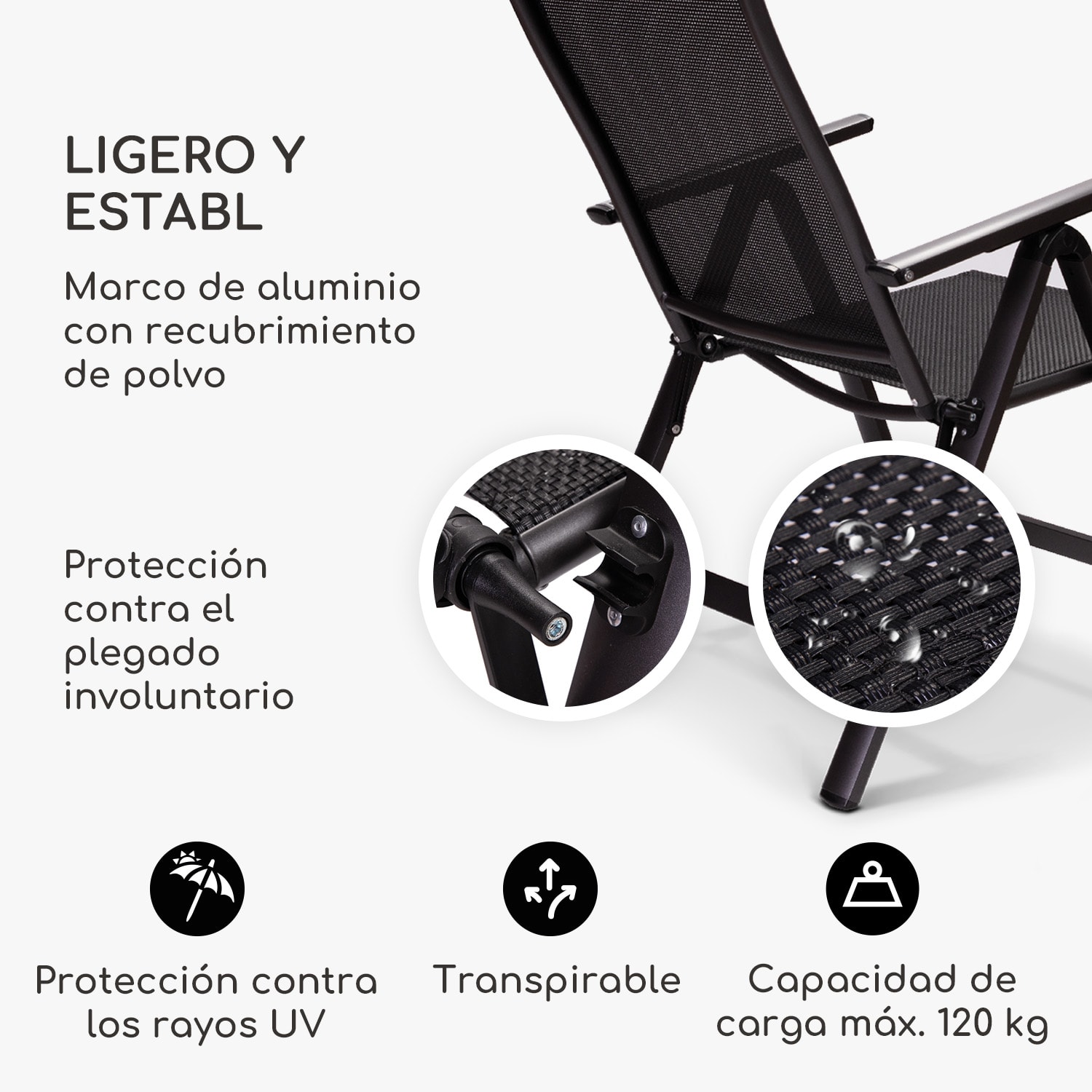 London Silla de jardín Textilene Aluminio 6 posiciones Plegable 1 x Silla | Negro