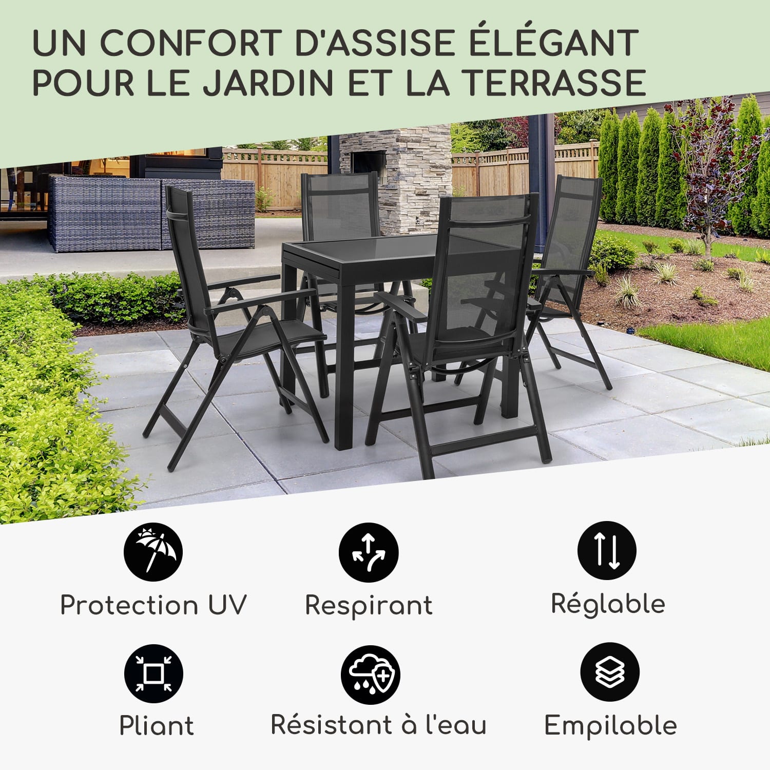 London chaise de jardin aluminium Textilène 6 positions pliante 1 x Chaise | Noir