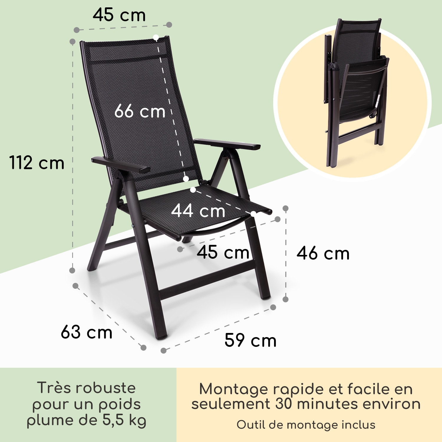 London chaise de jardin aluminium Textilène 6 positions pliante 1 x Chaise | Noir