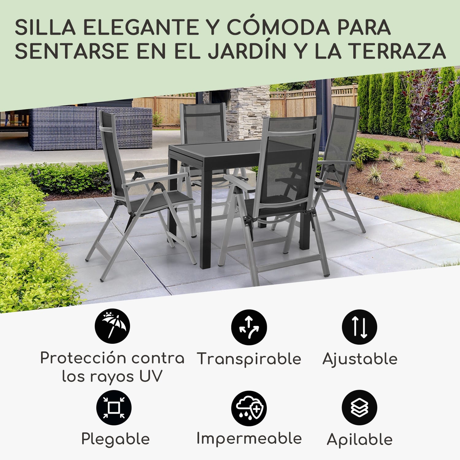 London Silla de jardín Textilene Aluminio 6 posiciones Plegable 1 x Silla | Plata Metálica