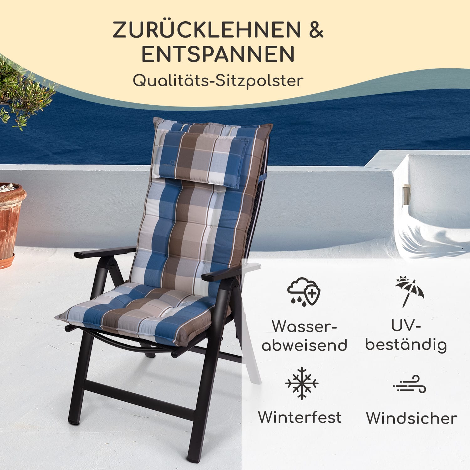 Sylt, Imbottitura, Schienale Alto, Sedia da Giardino, Poggiatesta, Poliestere, 50x120x9cm 