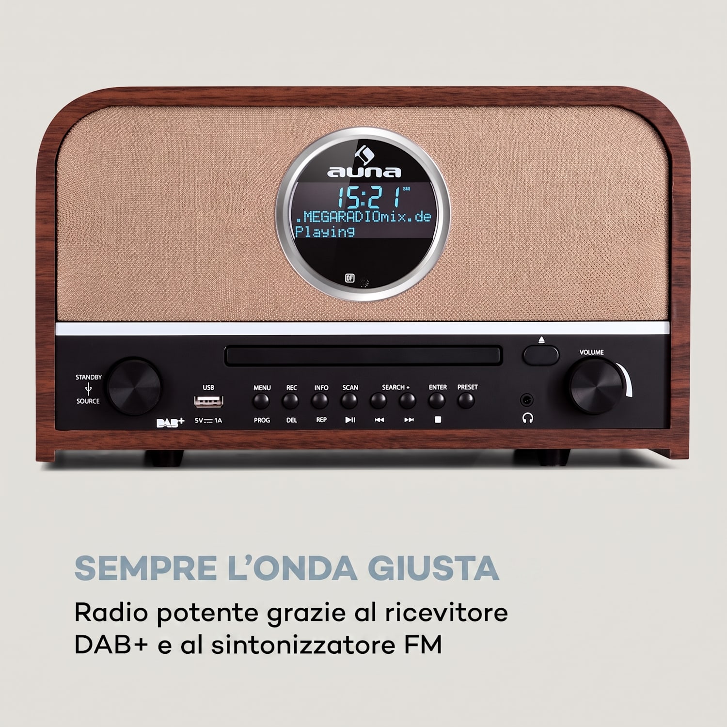 auna Columbia Radio DAB 60 W con lettore CD, sintonizzatore DAB+/FM, registrazione USB, Bluetooth Mogano
