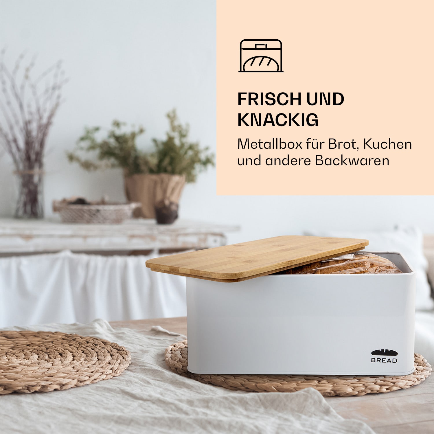 Oklahoma Brotkasten Metall 35,5x15,5x23 cm Bambus-Deckel Schneidebrett 