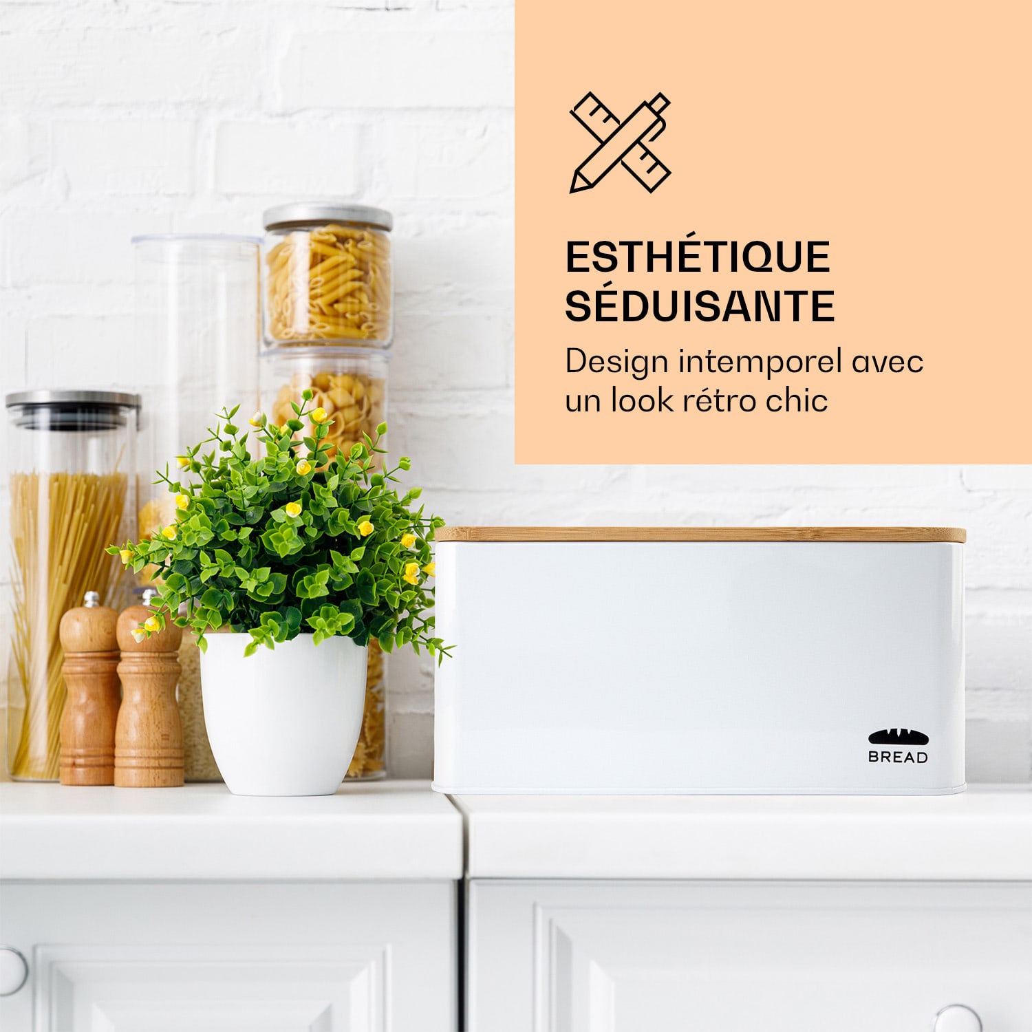 Oklahoma Boîte à pain métal 35,5 x 15,5 x 23 cm Couvercle en bambou Planche à découper 