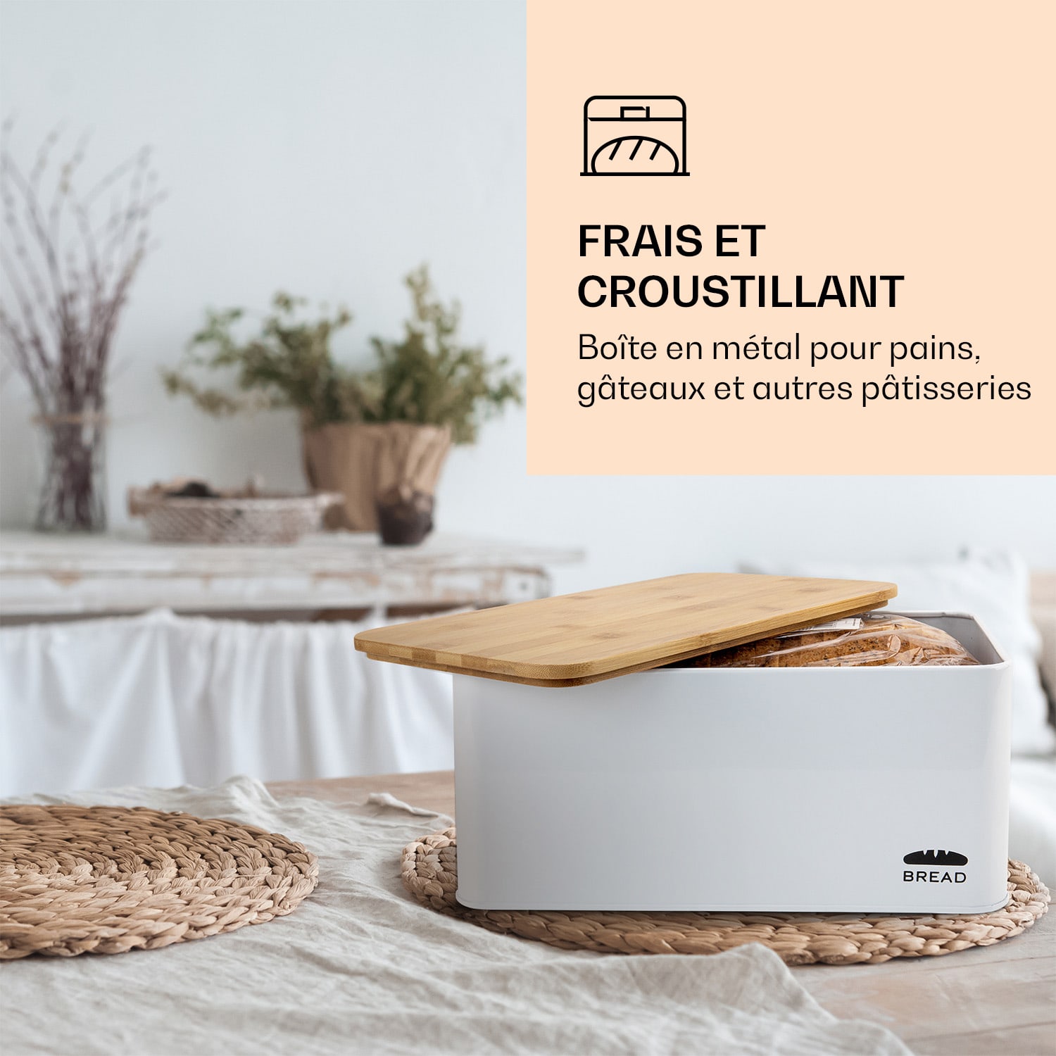 Oklahoma Boîte à pain métal 35,5 x 15,5 x 23 cm Couvercle en bambou Planche à découper 