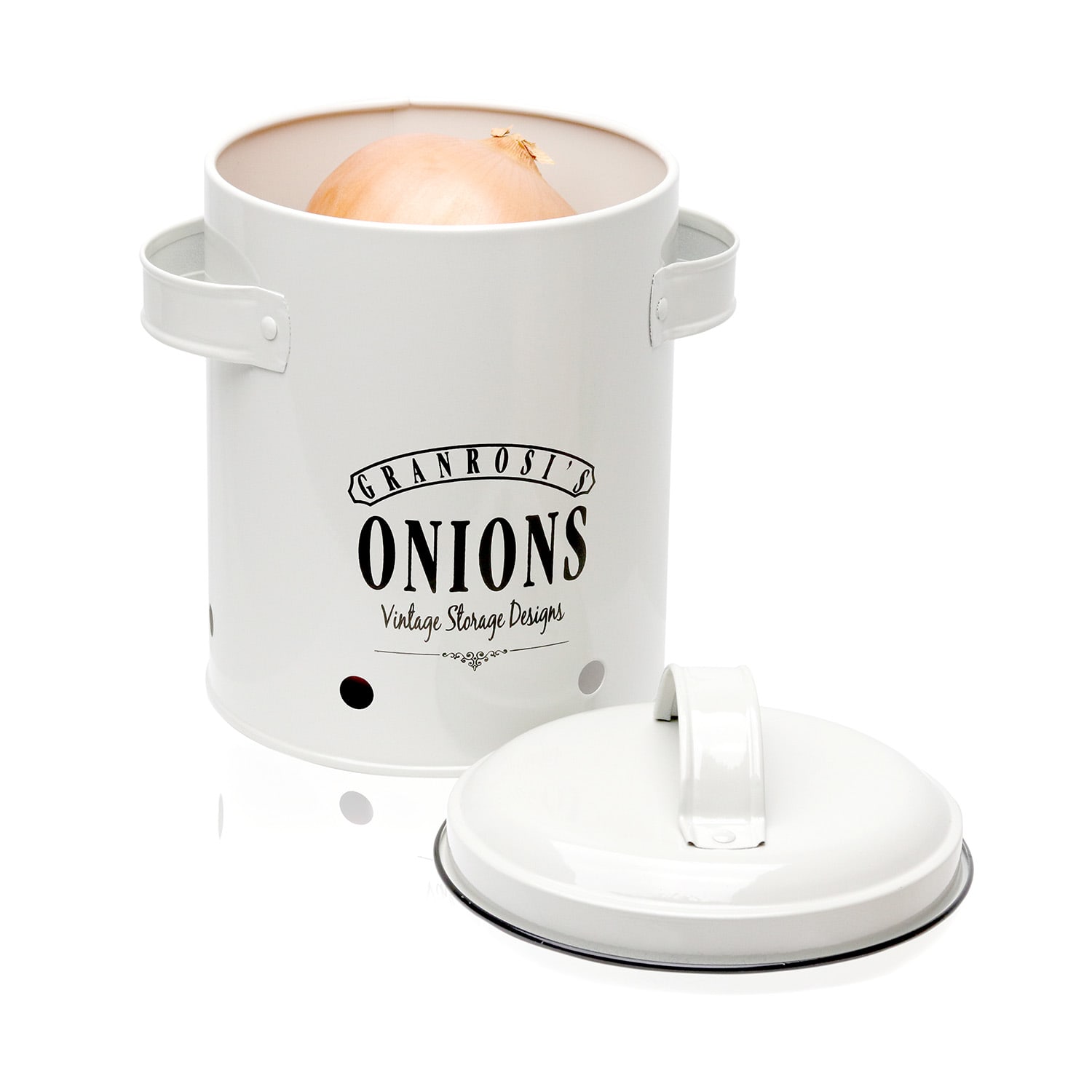 Iowa, dóza na cibuli, smaltovaný ocelový plech, 17 x 22,5 x 14 cm, nerezová 