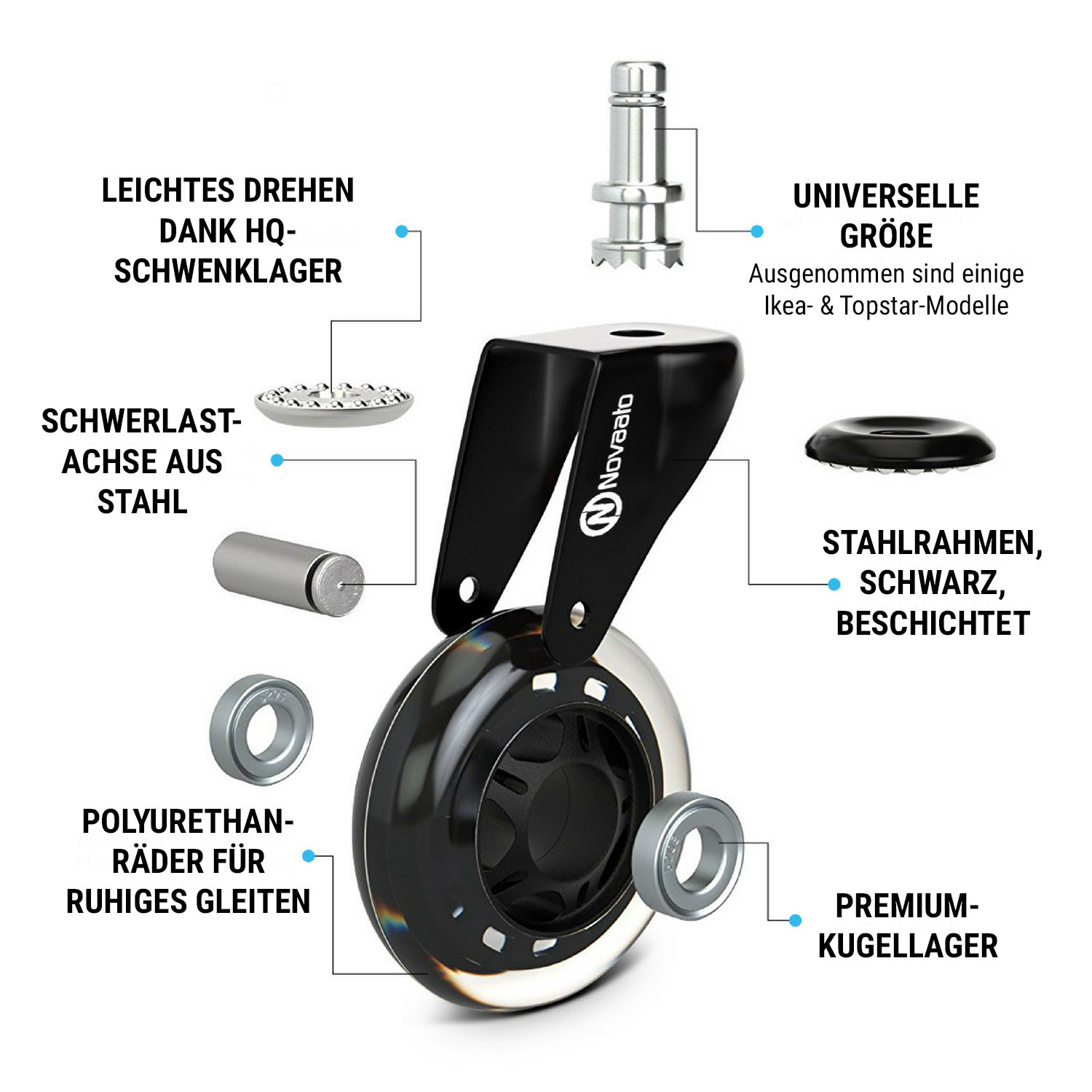 Bürostuhlrollen 5 Rollen 11 x 22 mm 360° drehbar austauschbar 