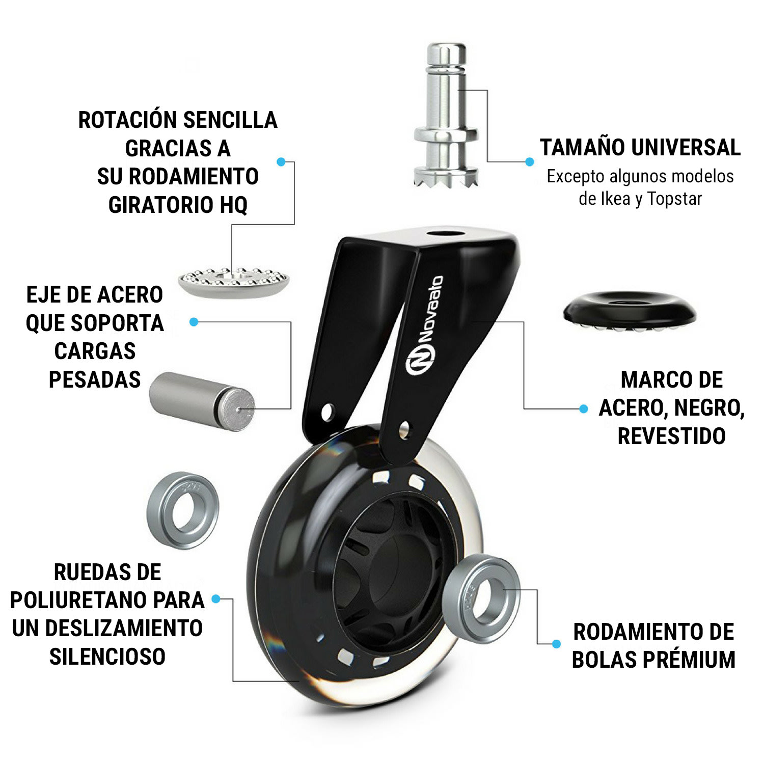 Ruedas de silla para oficina 5 ruedas 11 x 22 mm girable 360º sustituible sin arañazos 