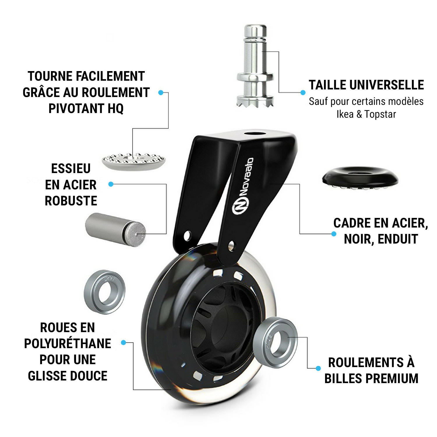Roulettes de chaise de bureau 5 roulettes 11 x 22 mm, pivotantes à 360 °, remplaçables, sans rayures 