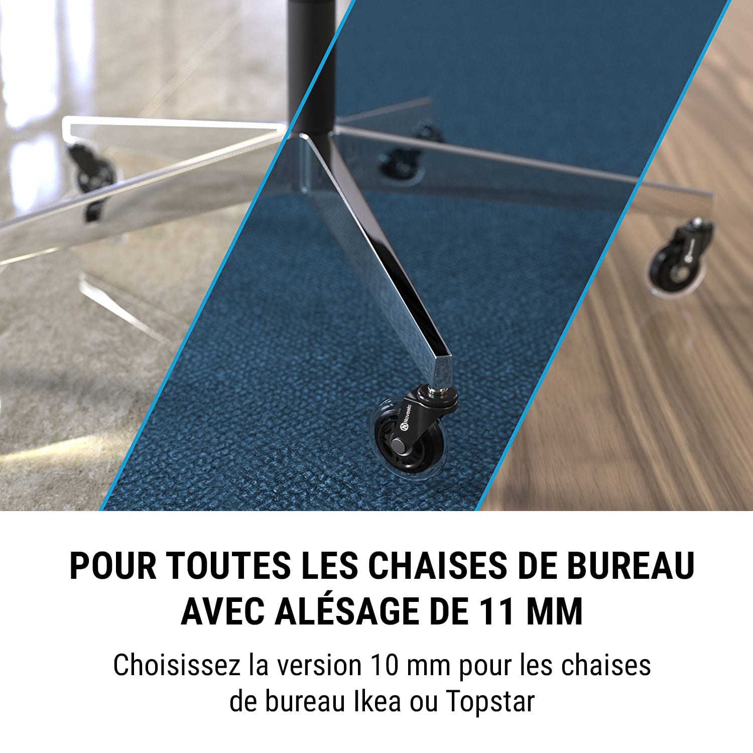 Roulettes de chaise de bureau 5 roulettes 11 x 22 mm, pivotantes à 360 °, remplaçables, sans rayures 