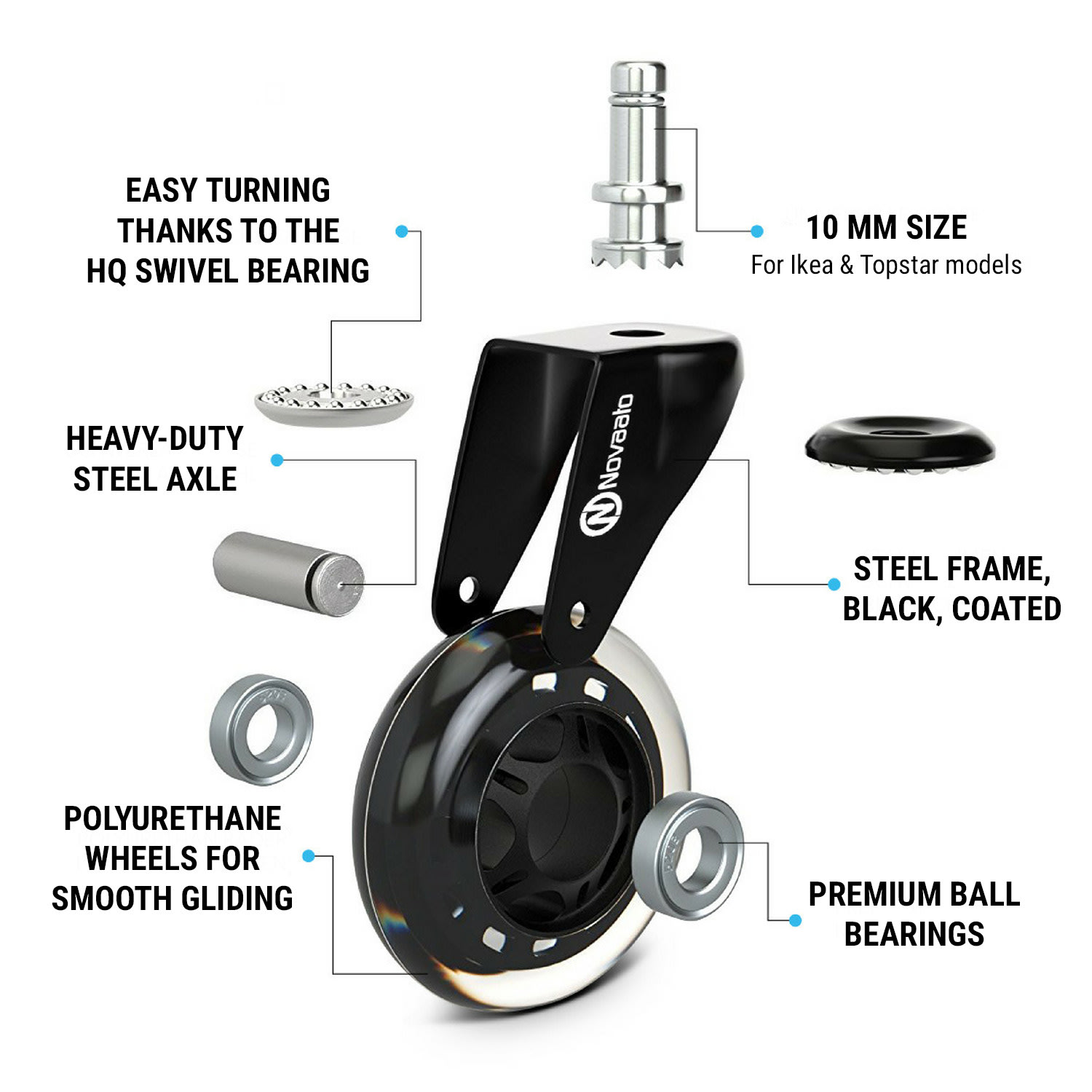 Kolečka pro kancelářské židle, 5 kusů, 10x22mm, otočné o 360°, bez škrábanců 