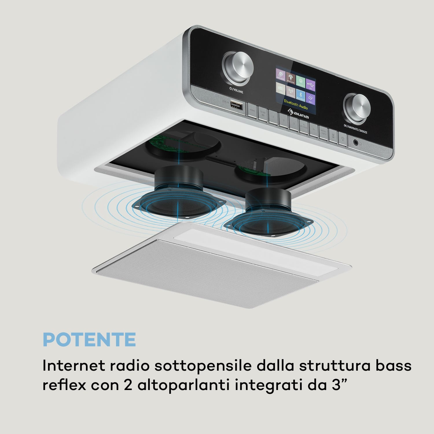 Radio sottopensile da cucina Connect Soundchef MKII Internet Radio DAB+ FM + 2 altoparlanti integrati da 3'' Bianco / Argento metallizzato