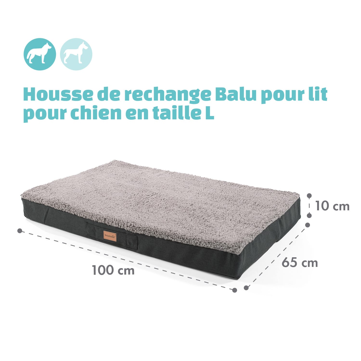 Balu L housse de rechange pour lit de chien lavable antidérapante respirante Taille L (100 x 10 x 65 cm) L | Gris Moyen