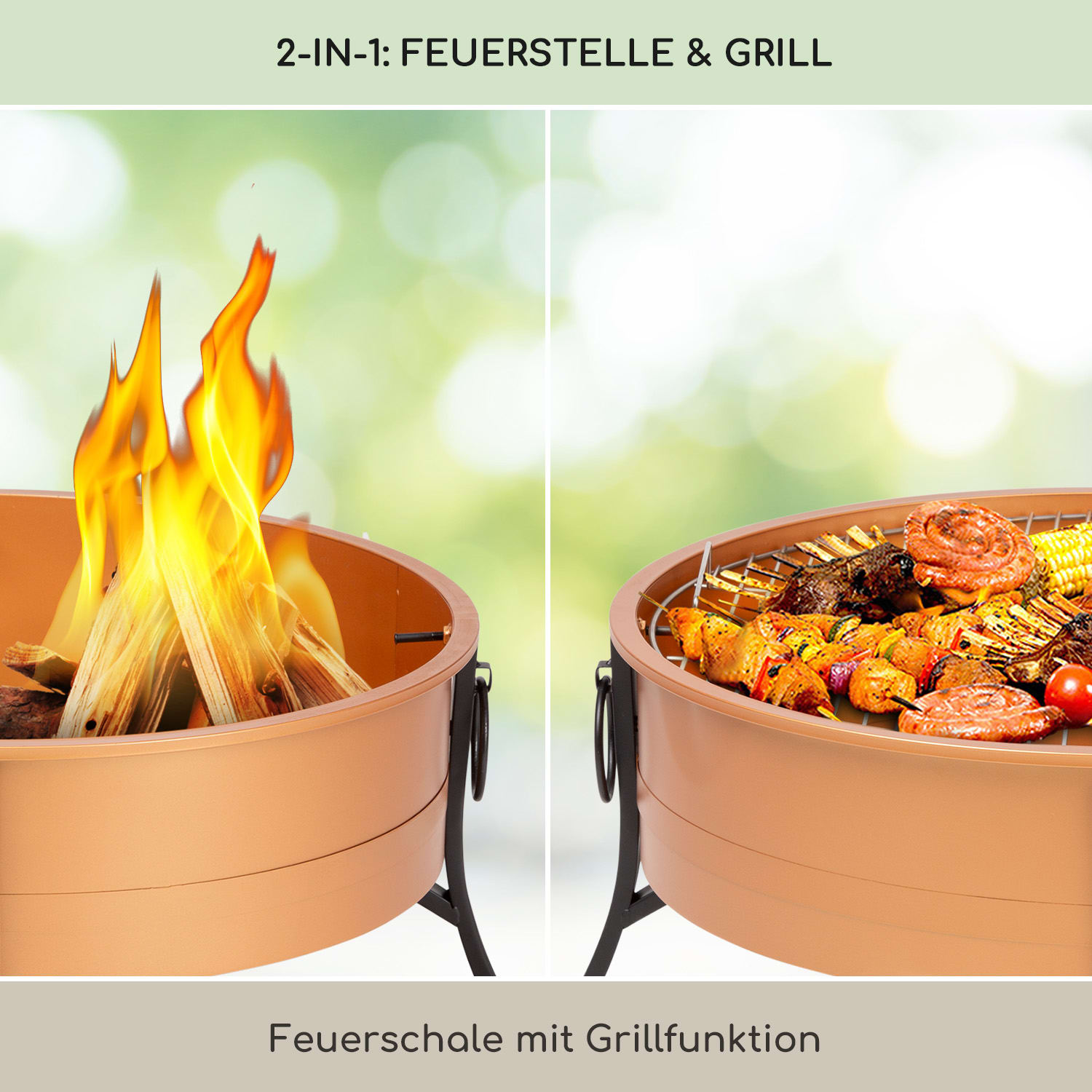 Catania 2-in-1-Feuerschale Ø80cm Funkenschutz Ø70cm Grill Stahl Kupfer Kupfer-Metallic