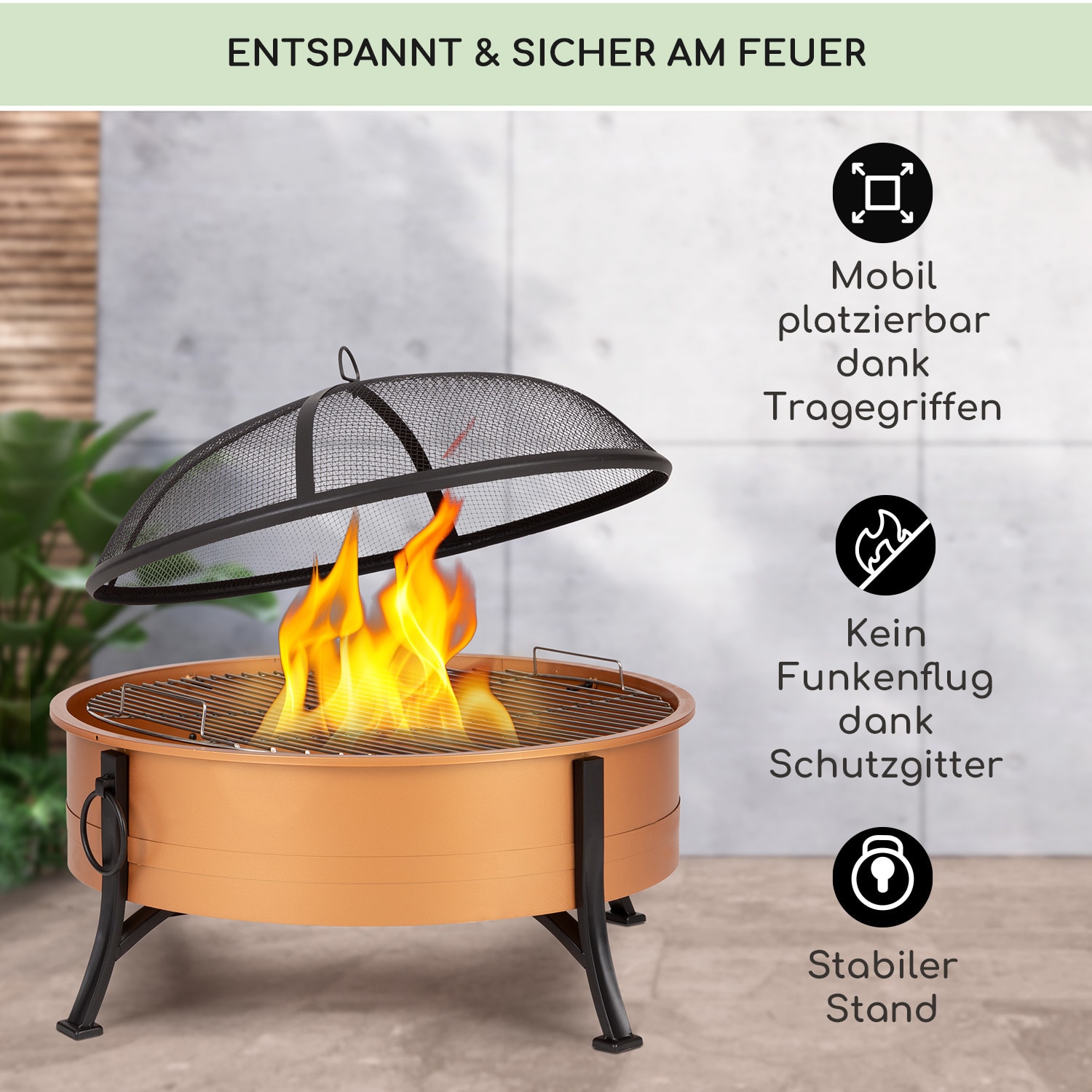 Catania 2-in-1-Feuerschale Ø80cm Funkenschutz Ø70cm Grill Stahl Kupfer Kupfer-Metallic
