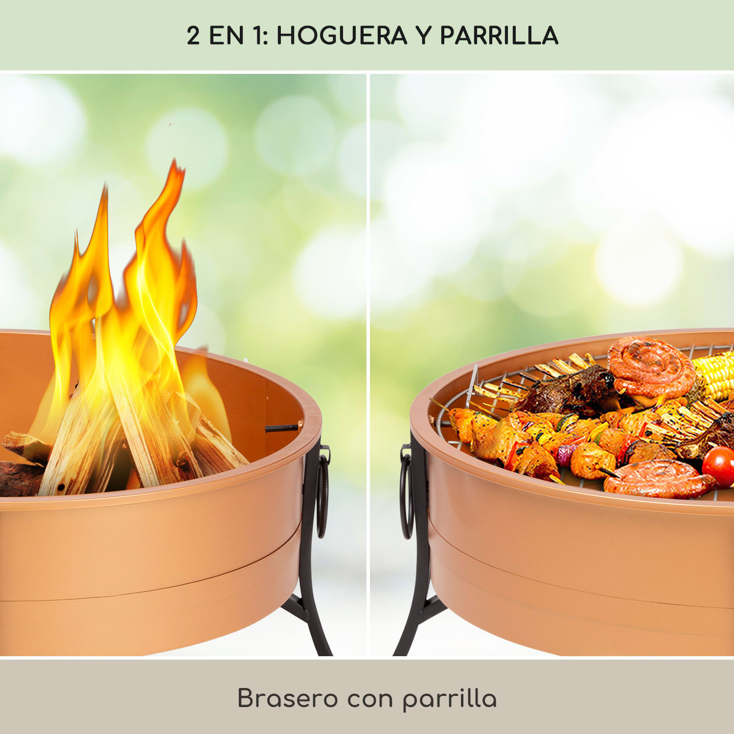 Catania 2 en 1 Brasero Ø80 cm Parachispas Ø70cm Parrilla Acero Cobre Cobre Metálico