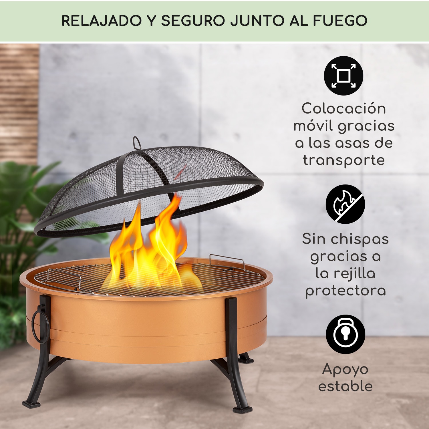Catania 2 en 1 Brasero Ø80 cm Parachispas Ø70cm Parrilla Acero Cobre Cobre Metálico