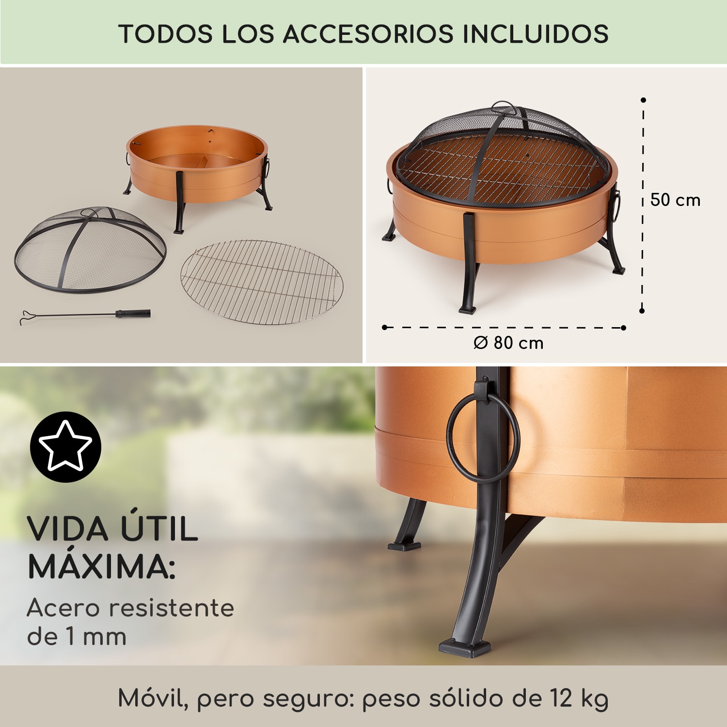 Catania 2 en 1 Brasero Ø80 cm Parachispas Ø70cm Parrilla Acero Cobre Cobre Metálico