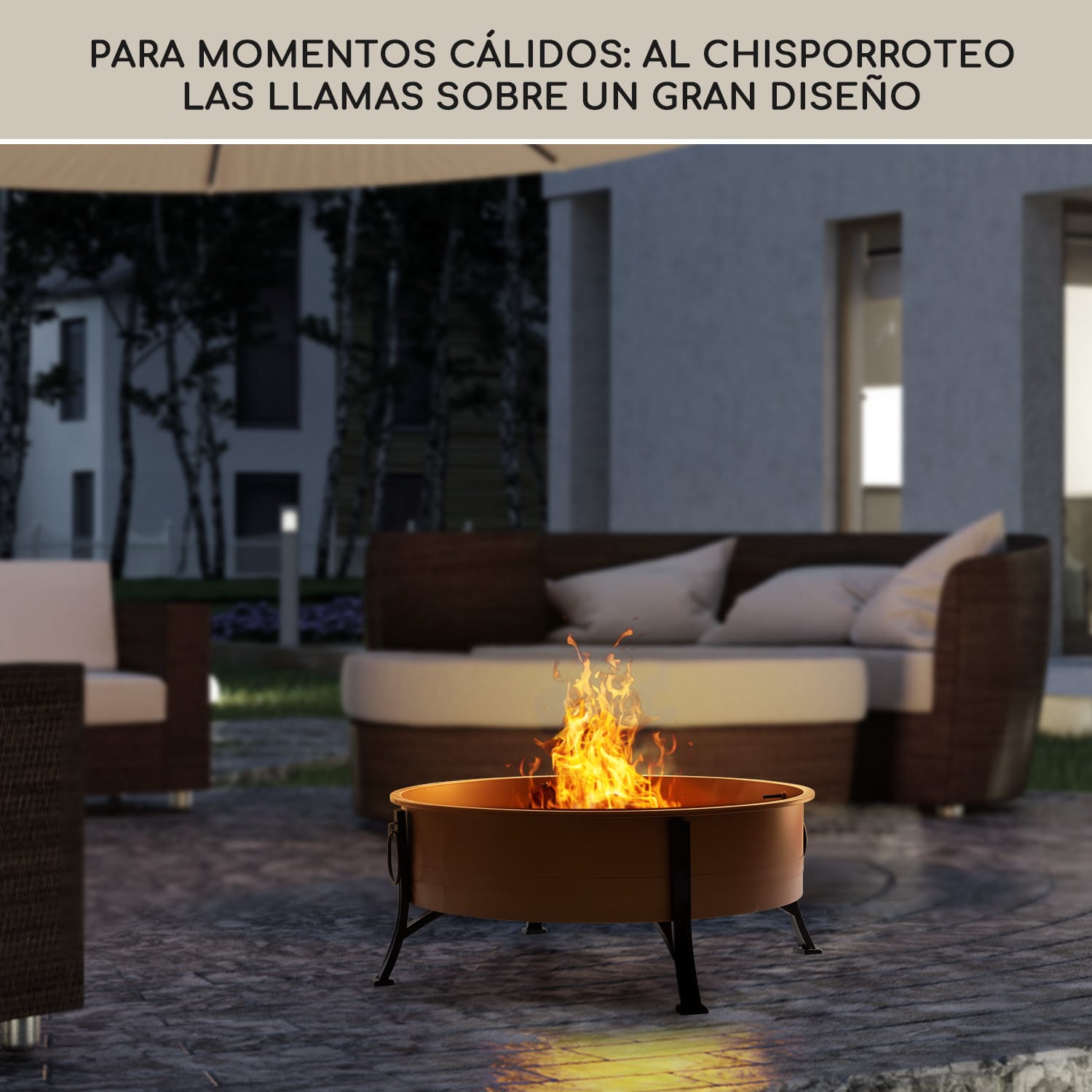 Catania 2 en 1 Brasero Ø80 cm Parachispas Ø70cm Parrilla Acero Cobre Cobre Metálico