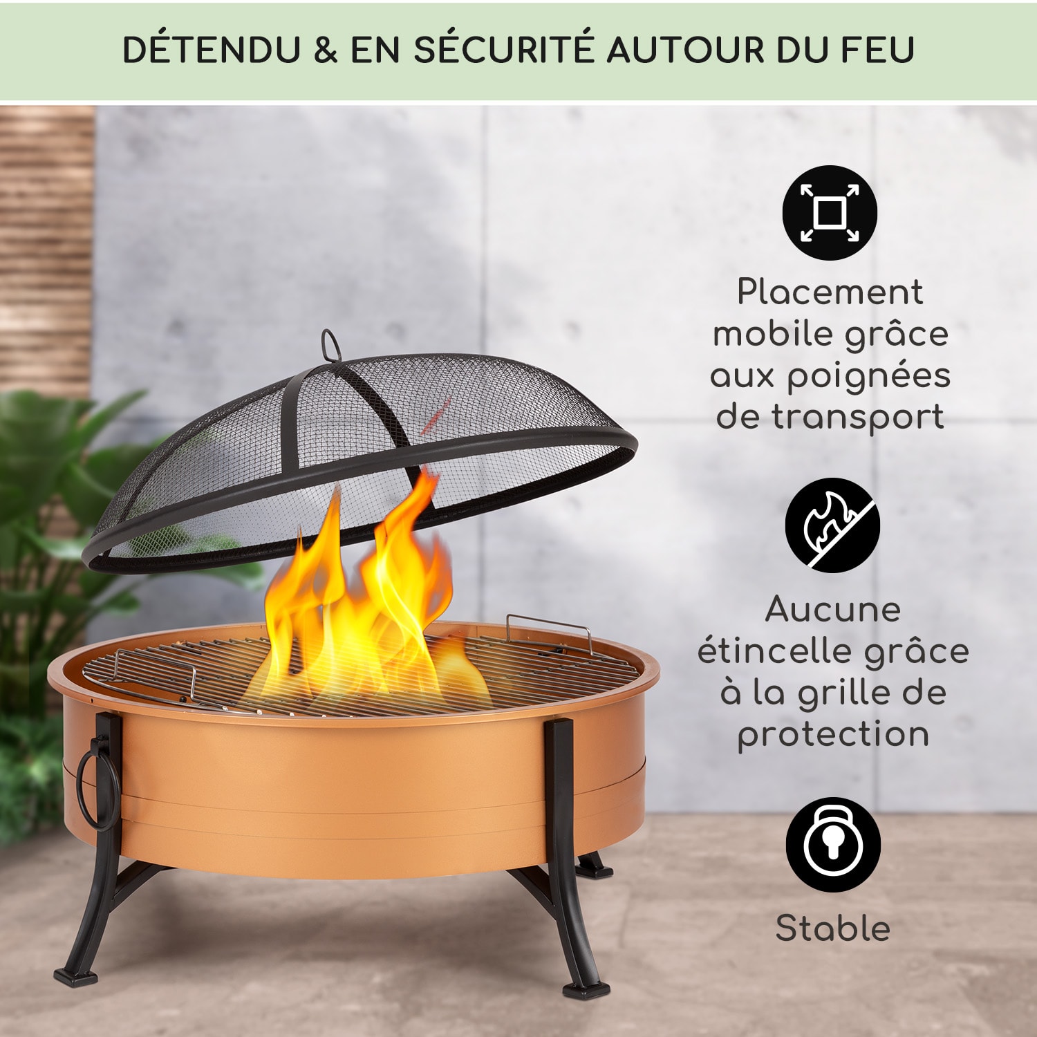 Catania braséro 2 en 1 Ø80 cm Pare-étincelles Ø70 cm Barbecue Acier Cuivre Cuivre Métallisé
