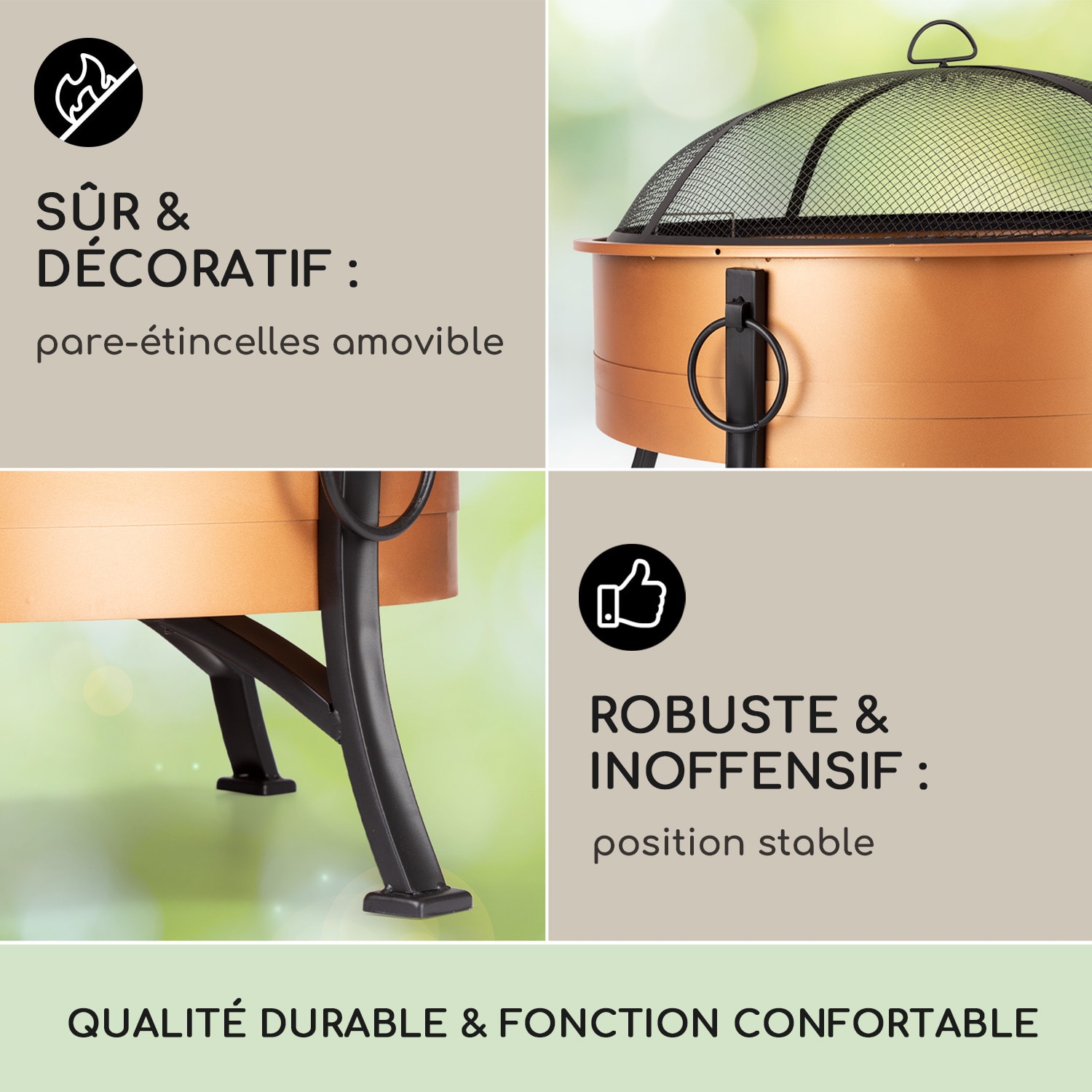 Catania braséro 2 en 1 Ø80 cm Pare-étincelles Ø70 cm Barbecue Acier Cuivre Cuivre Métallisé