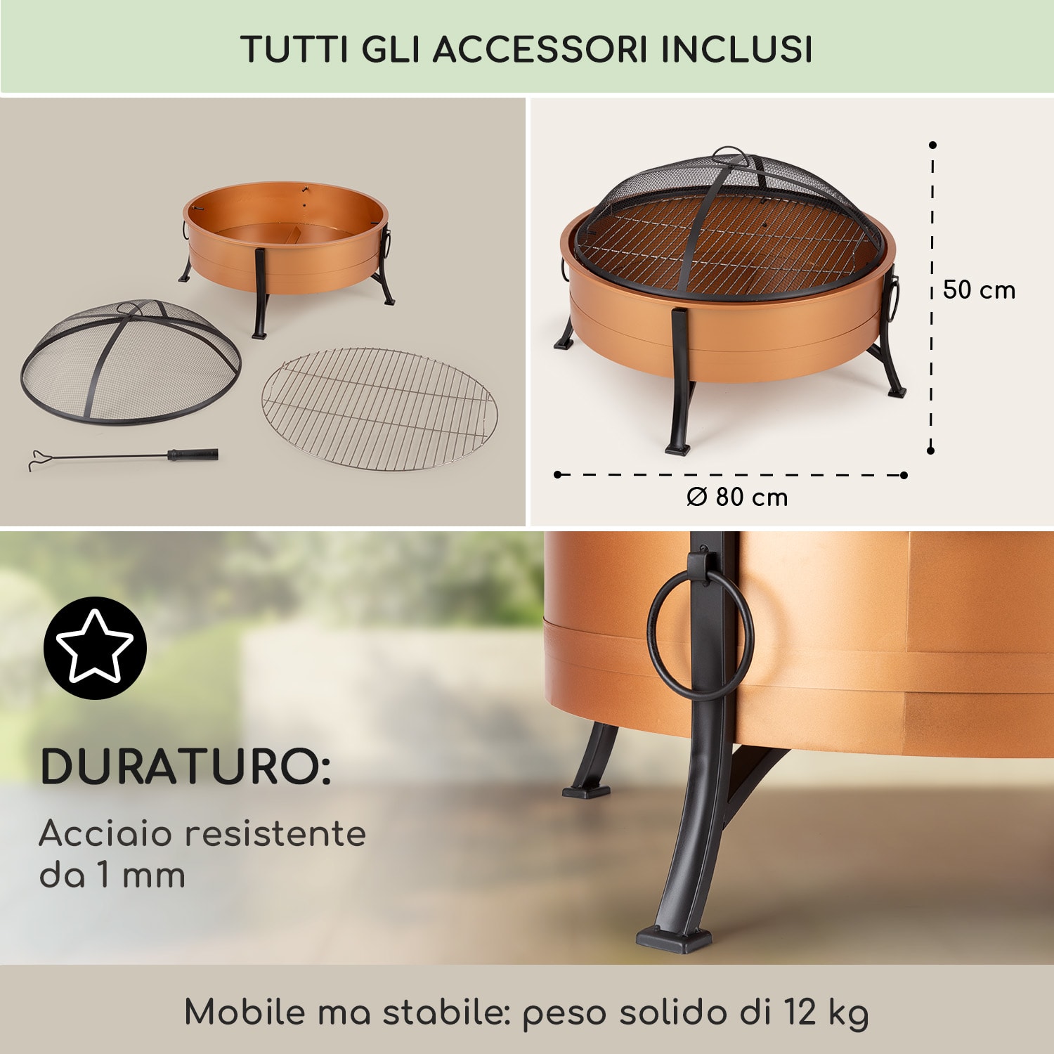 Catania - Braciere 2 in 1, Ø 80 cm, parascintille, griglia da Ø 70 cm, acciaio, rame Rame metallizzato