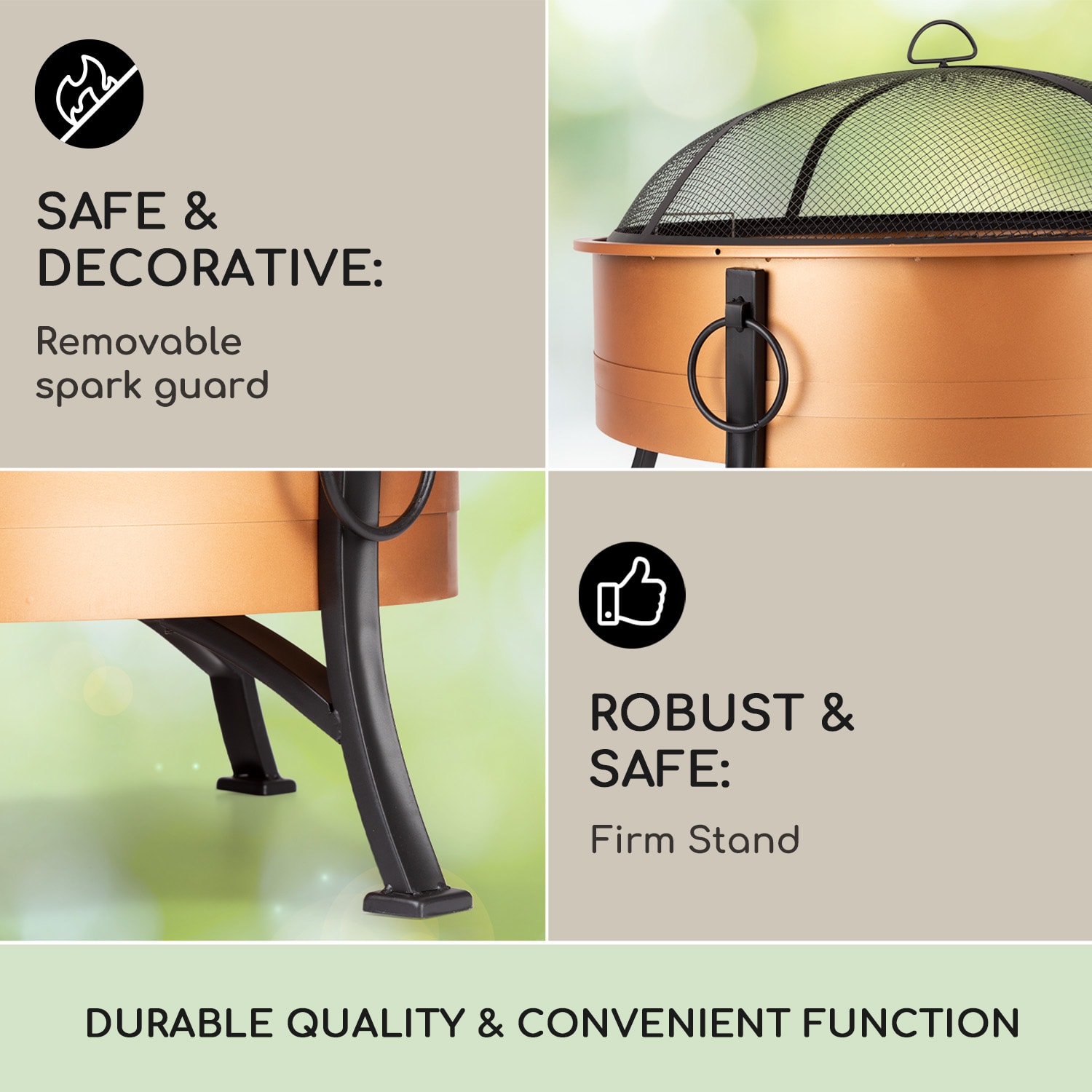 Taça de combustão 2 em 1 Catania Ø80 cm pára-centelhas grelhador Ø70 cm aço cobre Cobre Metalizado