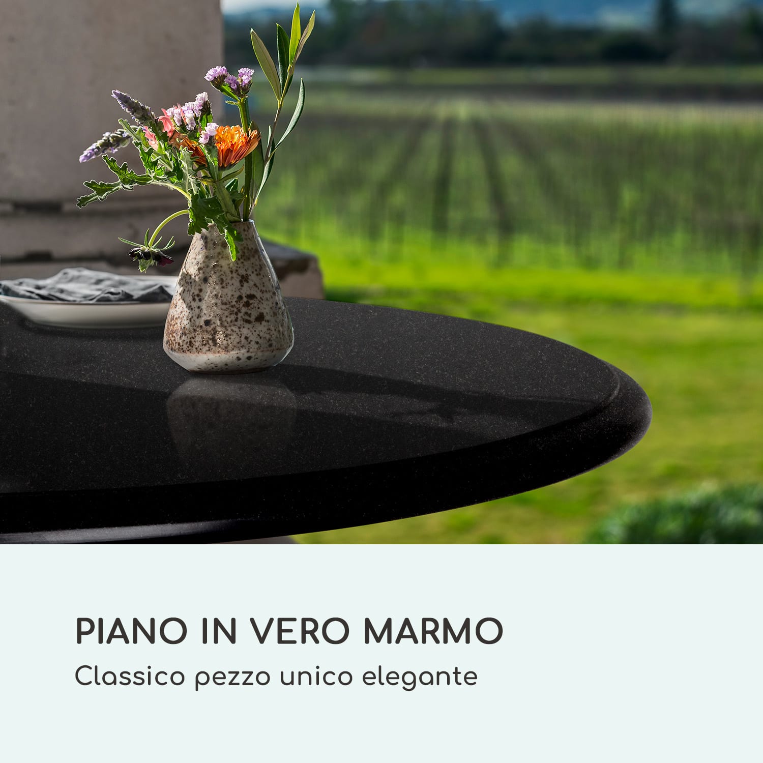 Patras - Tavolino da bistrò, piano in marmo, Ø60 cm, base d'appoggio in ghisa Nero